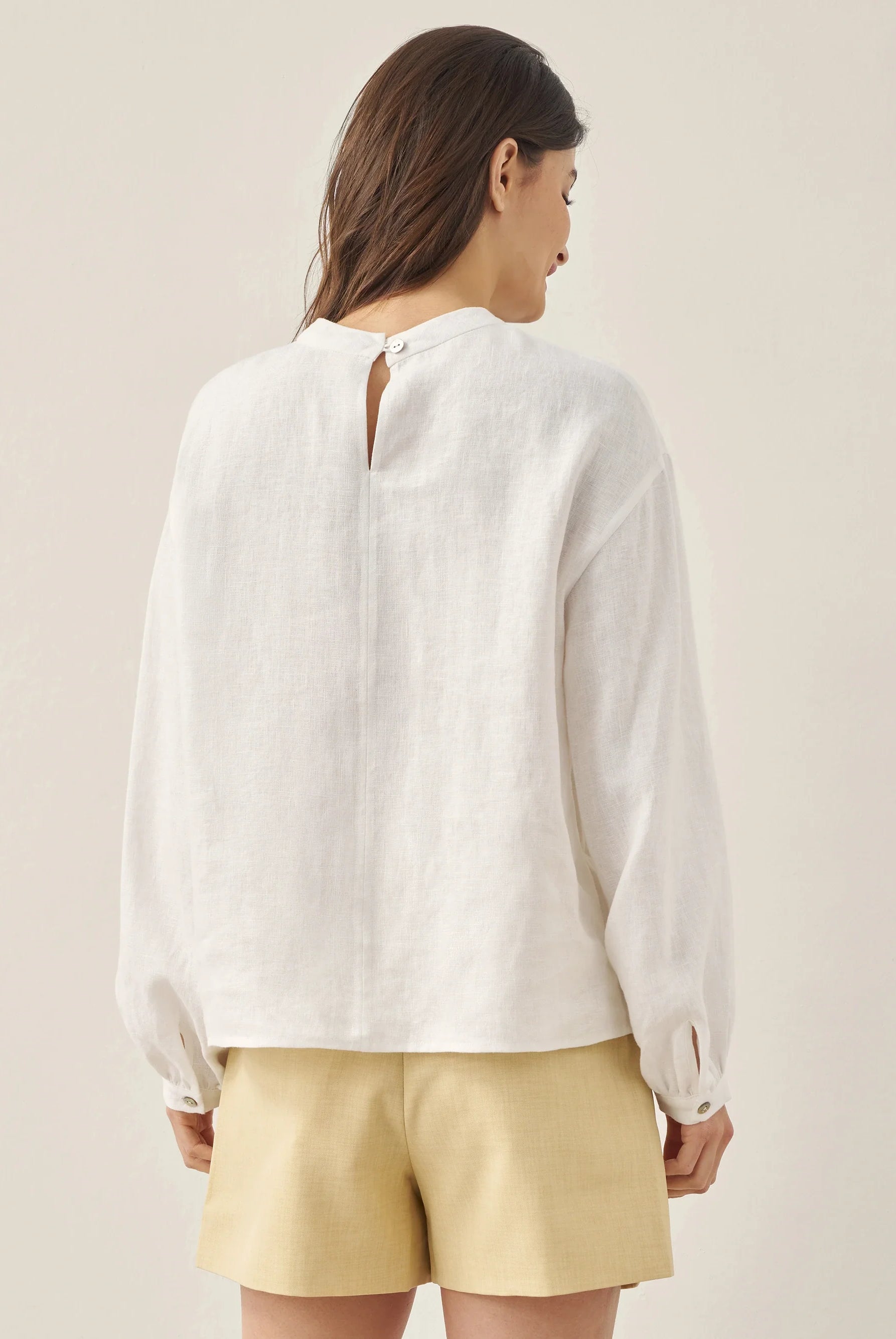 100% Linen Mock Neck Long-Sleeve Top - TOPS-Linen Blouses