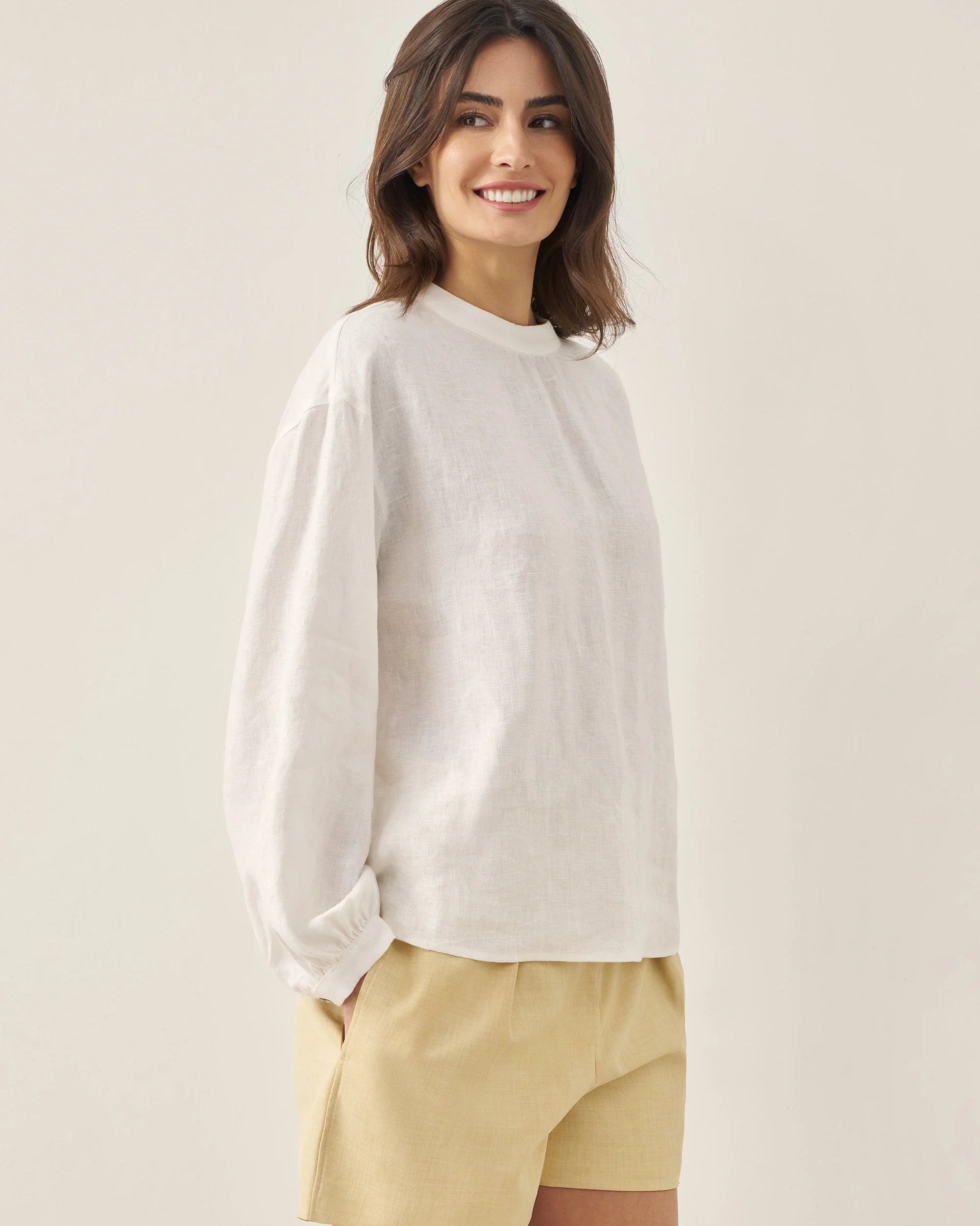 100% Linen Mock Neck Long-Sleeve Top - TOPS-Linen Blouses