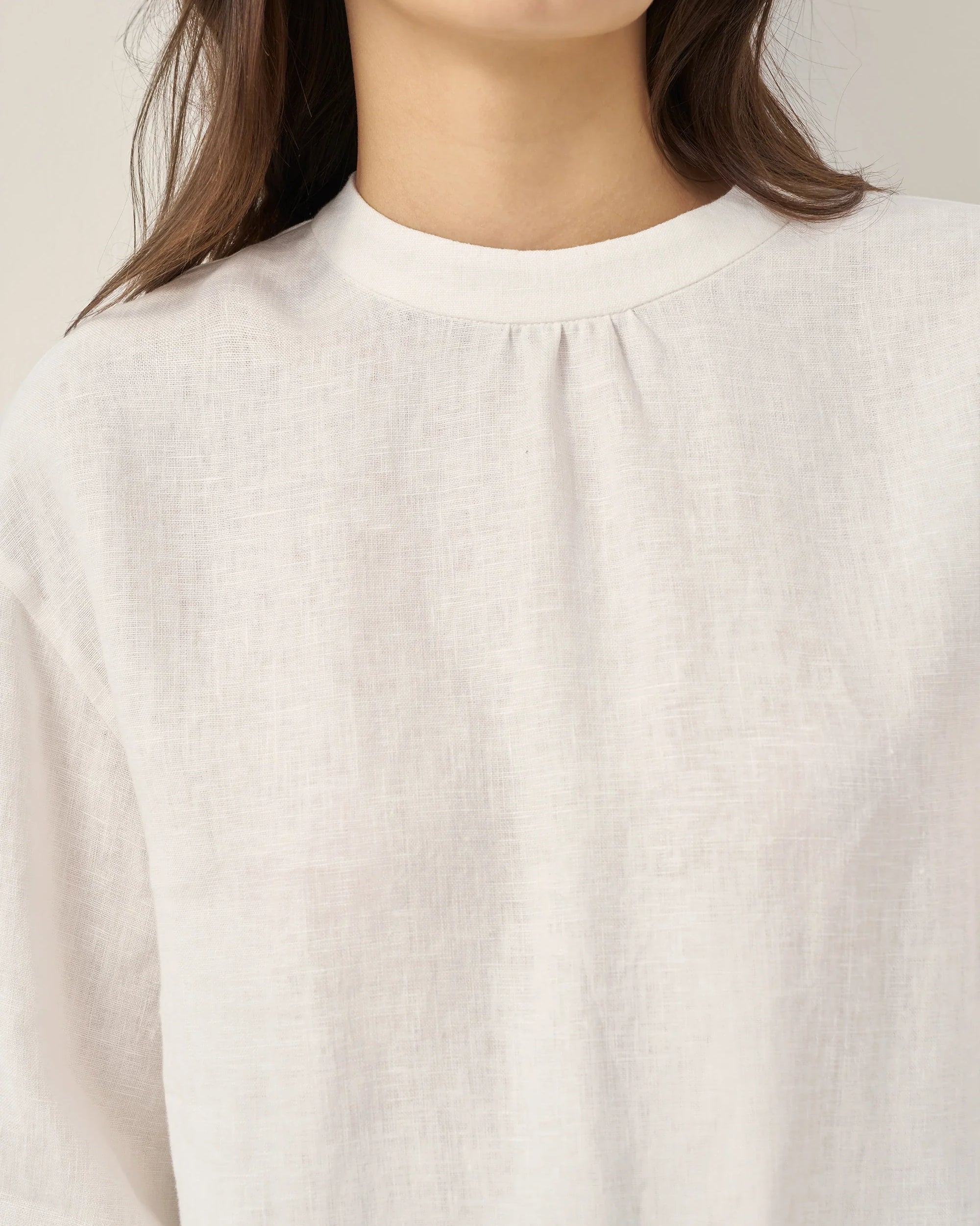 100% Linen Mock Neck Long-Sleeve Top - TOPS-Linen Blouses