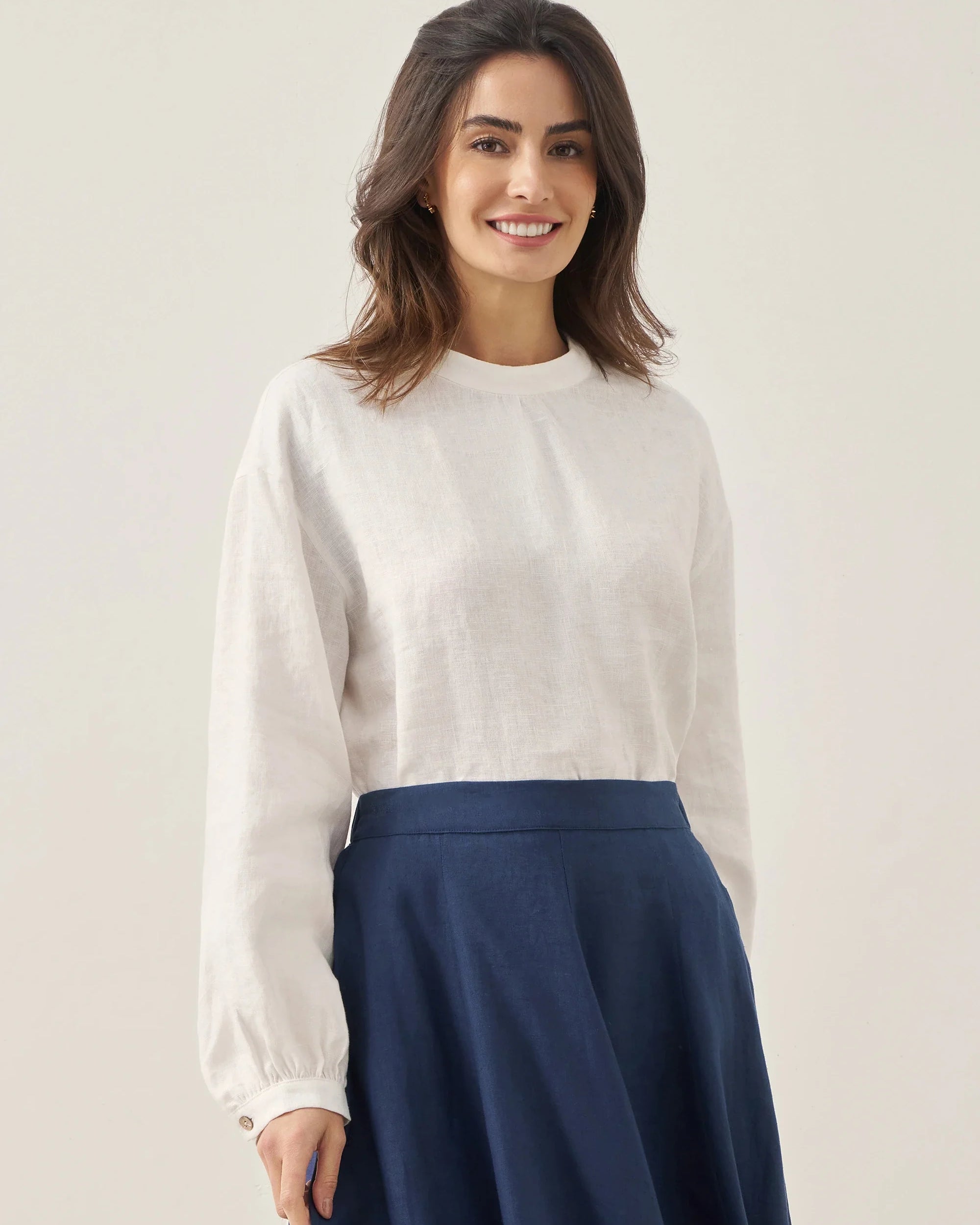 100% Linen Mock Neck Long-Sleeve Top - Optic White / S - TOPS-Linen Blouses