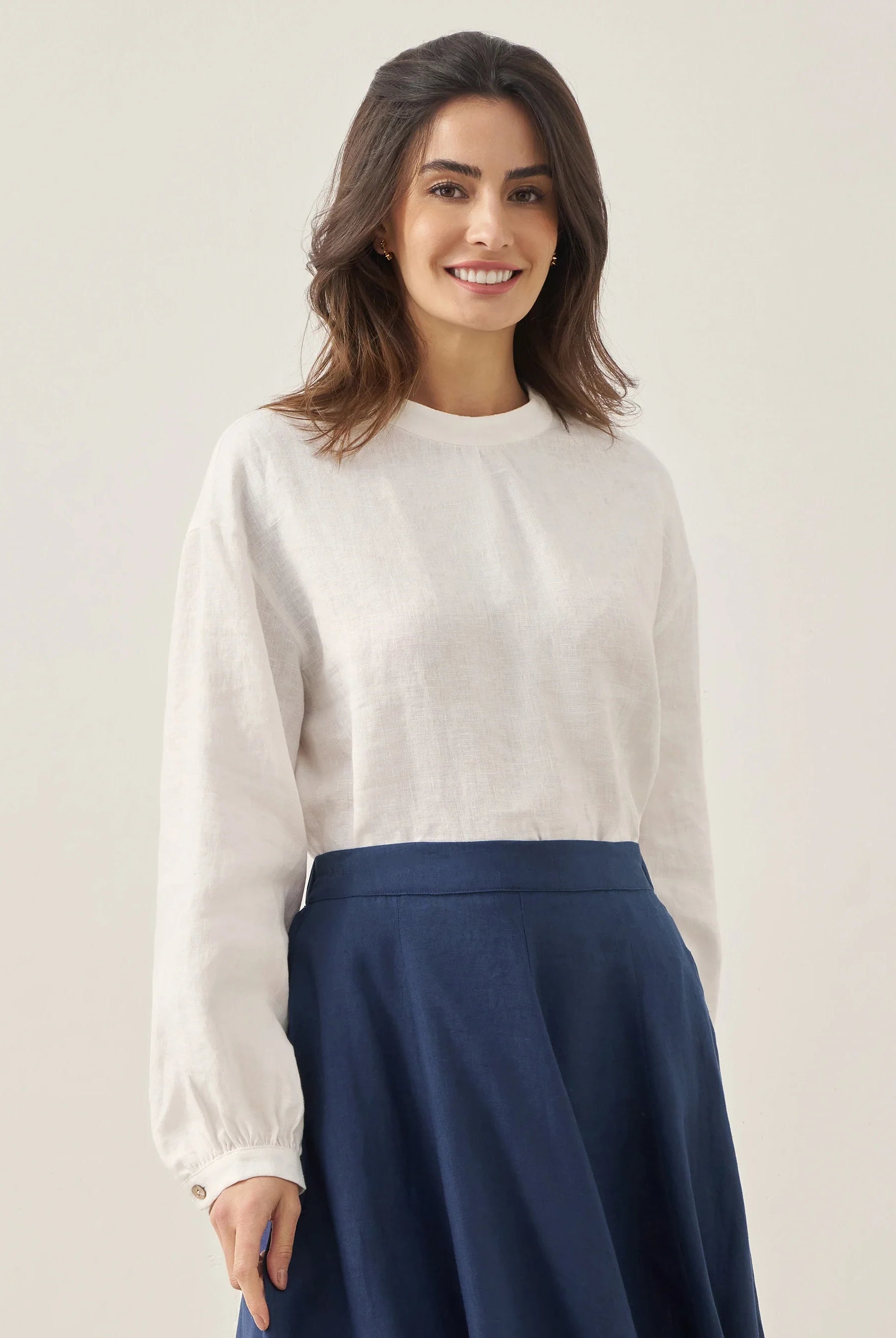 100% Linen Mock Neck Long-Sleeve Top - Optic White / S - TOPS-Linen Blouses