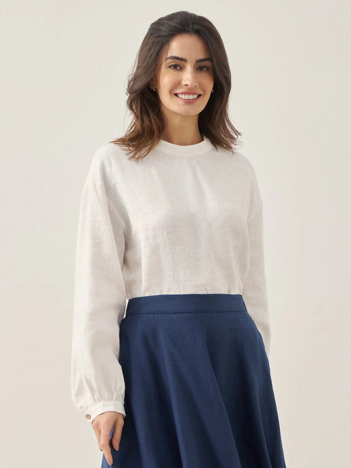 100% Linen Mock Neck Long-Sleeve Top - Optic White / S - TOPS-Linen Blouses