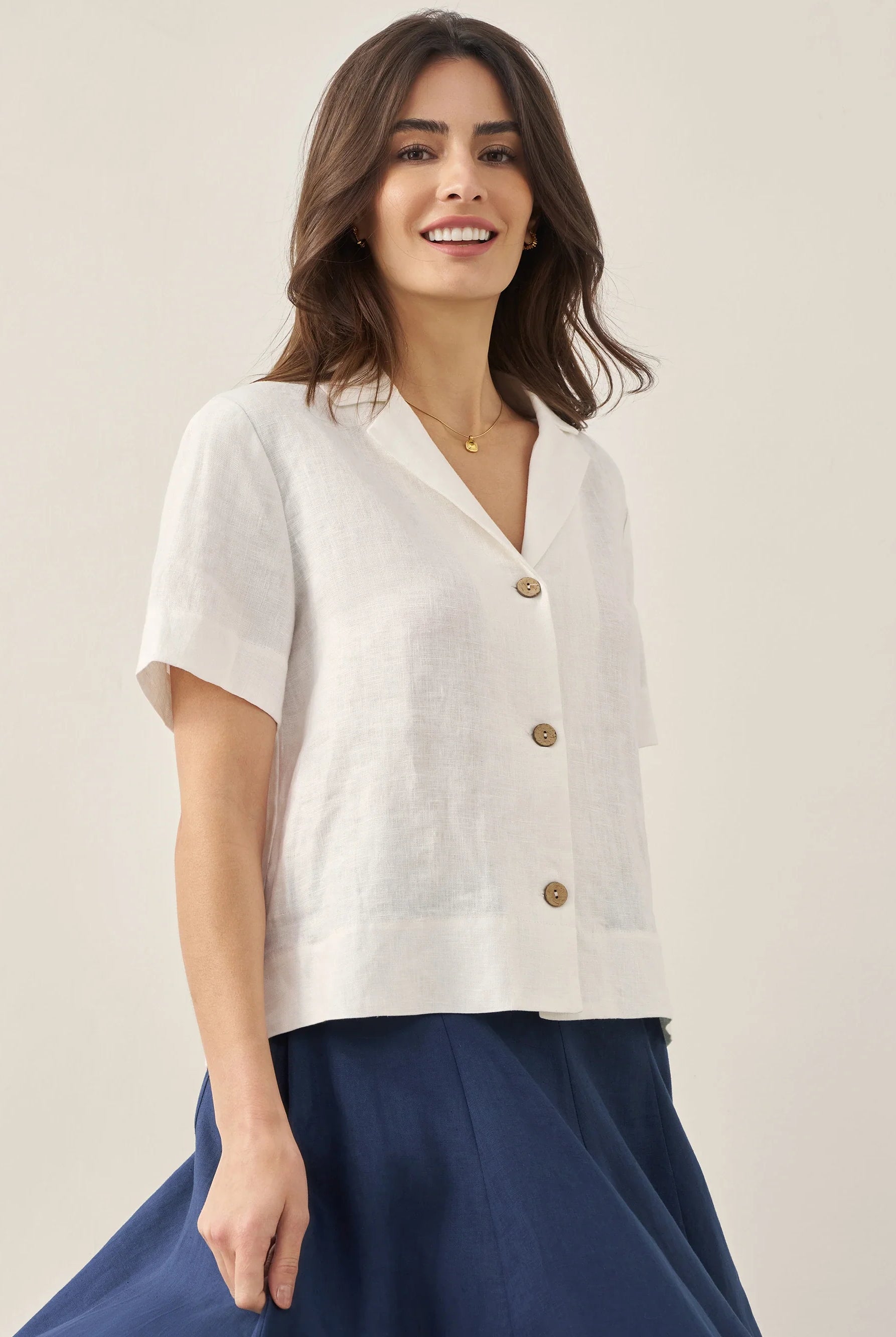 100% Linen Button-Up Short Sleeve Shirt - Optic White / S - TOPS-Linen Button Down Shirts