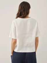 100% Linen Round Neck Concealed Placket Top - TOPS-Linen Blouses