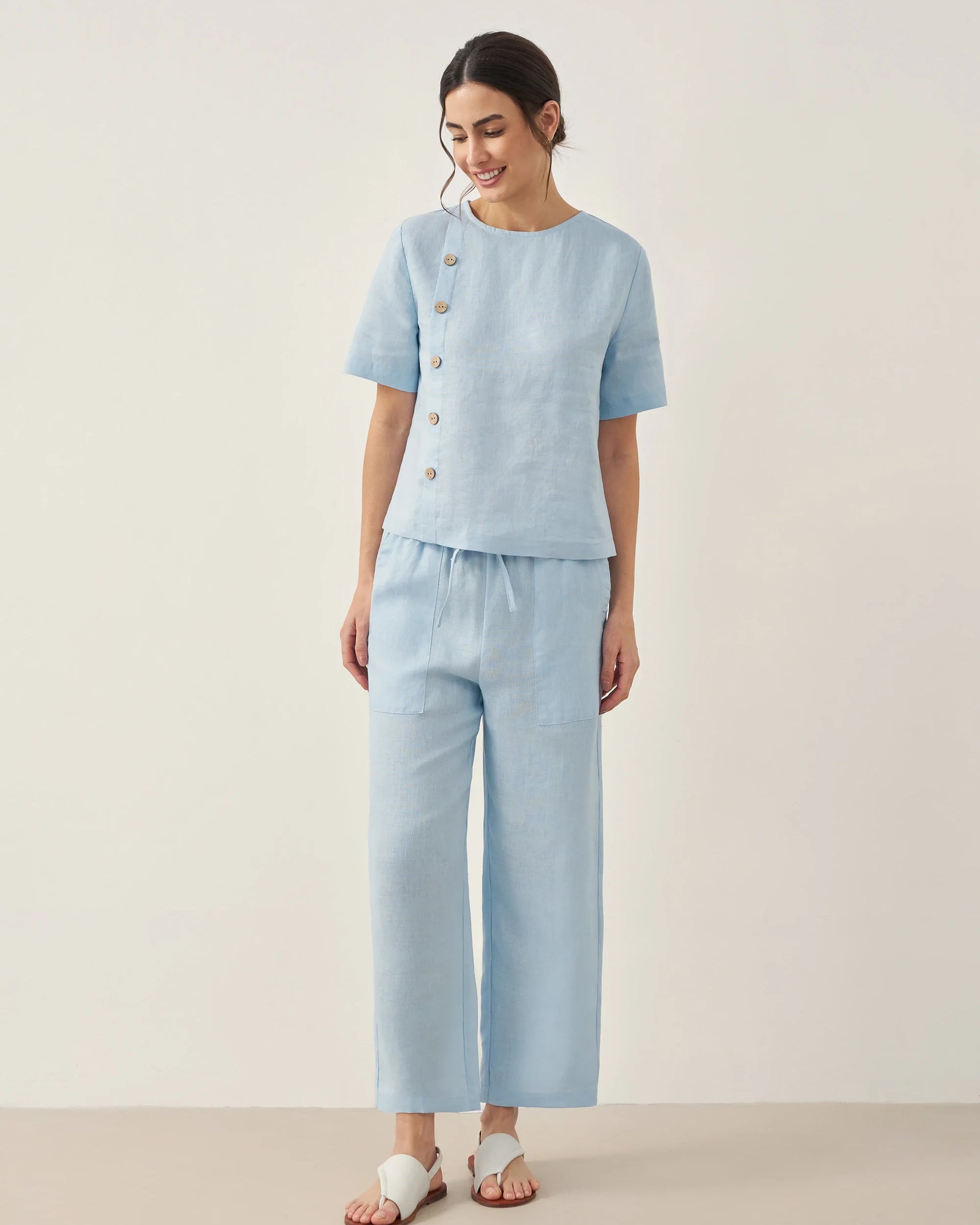 100% Linen Short-Sleeve Round Neck Button Detail Top & Pants Set JOSIE - SETS-Linen Sets