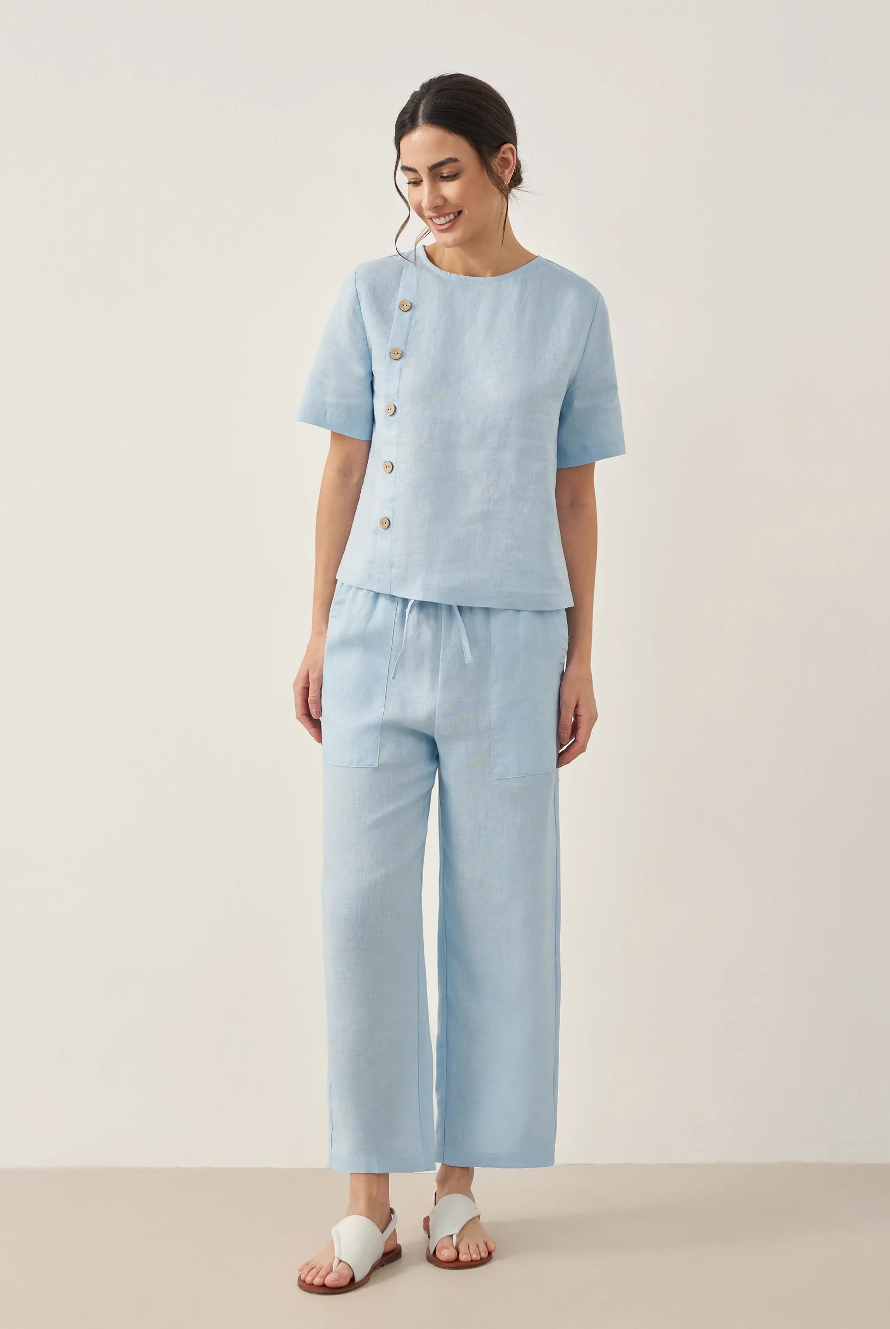 100% Linen Short-Sleeve Round Neck Button Detail Top & Pants Set JOSIE - SETS-Linen Sets