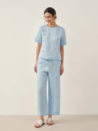 100% Linen Short-Sleeve Round Neck Button Detail Top & Pants Set JOSIE - SETS-Linen Sets