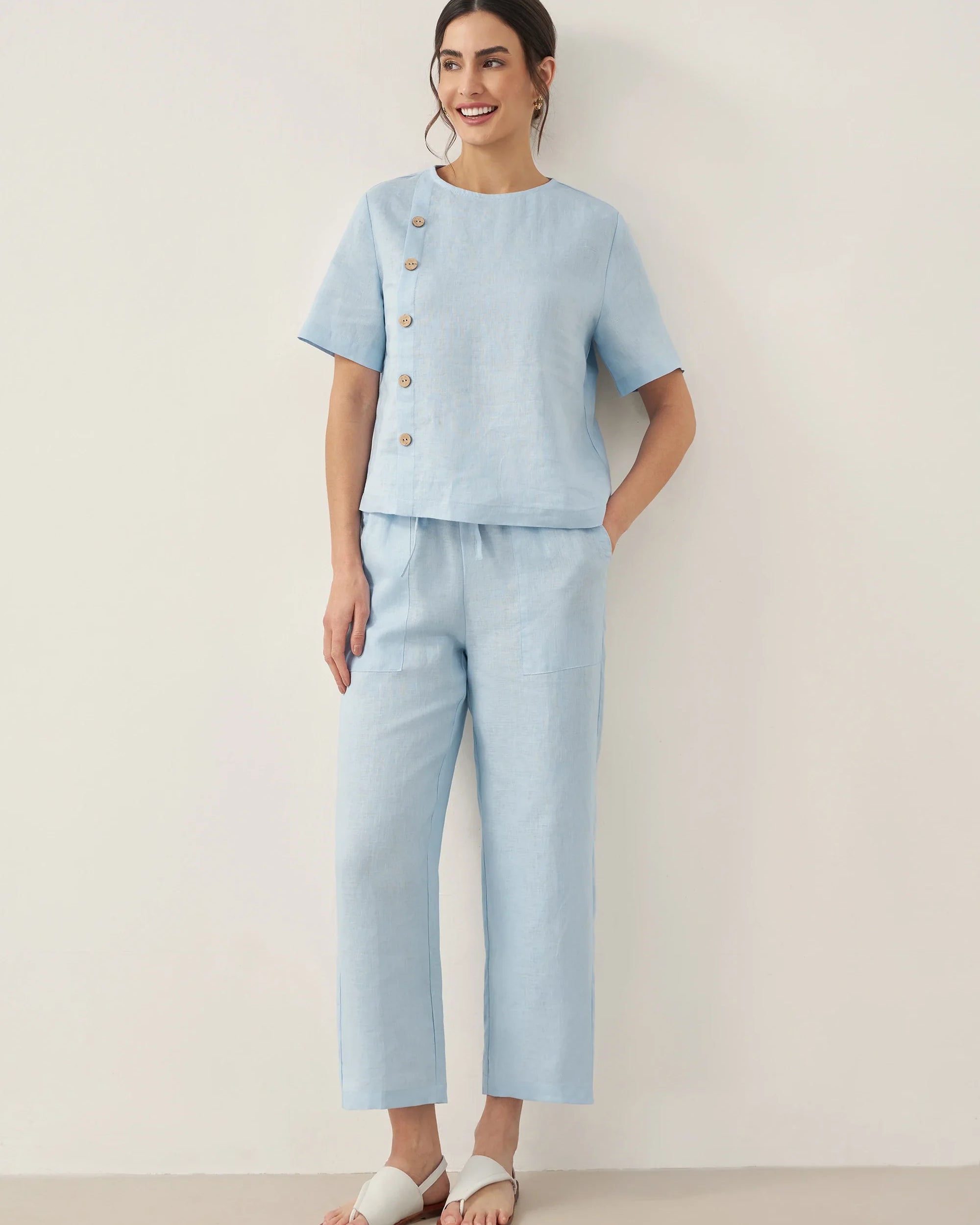 100% Linen Short-Sleeve Round Neck Button Detail Top & Pants Set JOSIE - Baby Blue / Sets / S - SETS-Linen