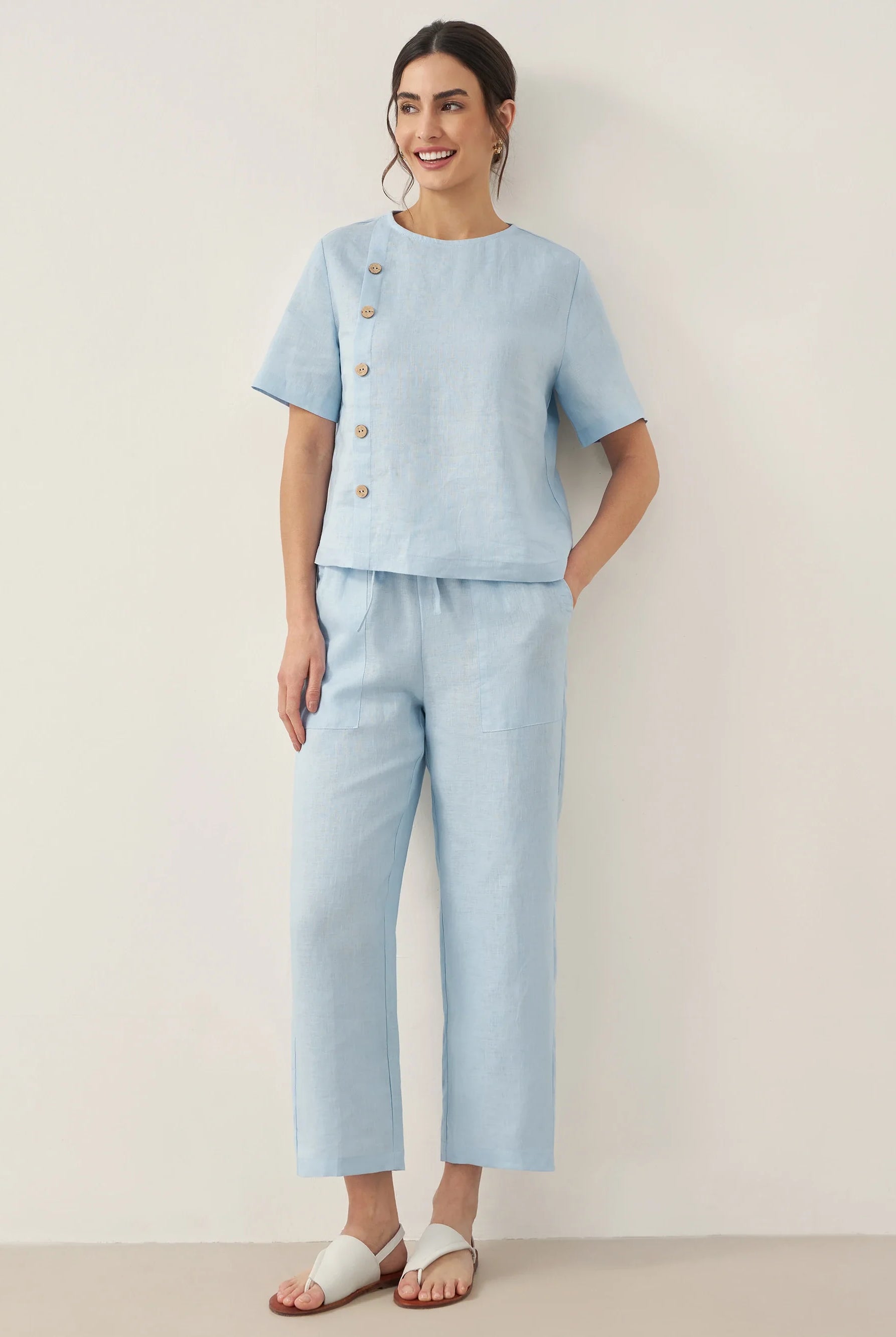 100% Linen Short-Sleeve Round Neck Button Detail Top & Pants Set JOSIE - Baby Blue / Sets / S - SETS-Linen