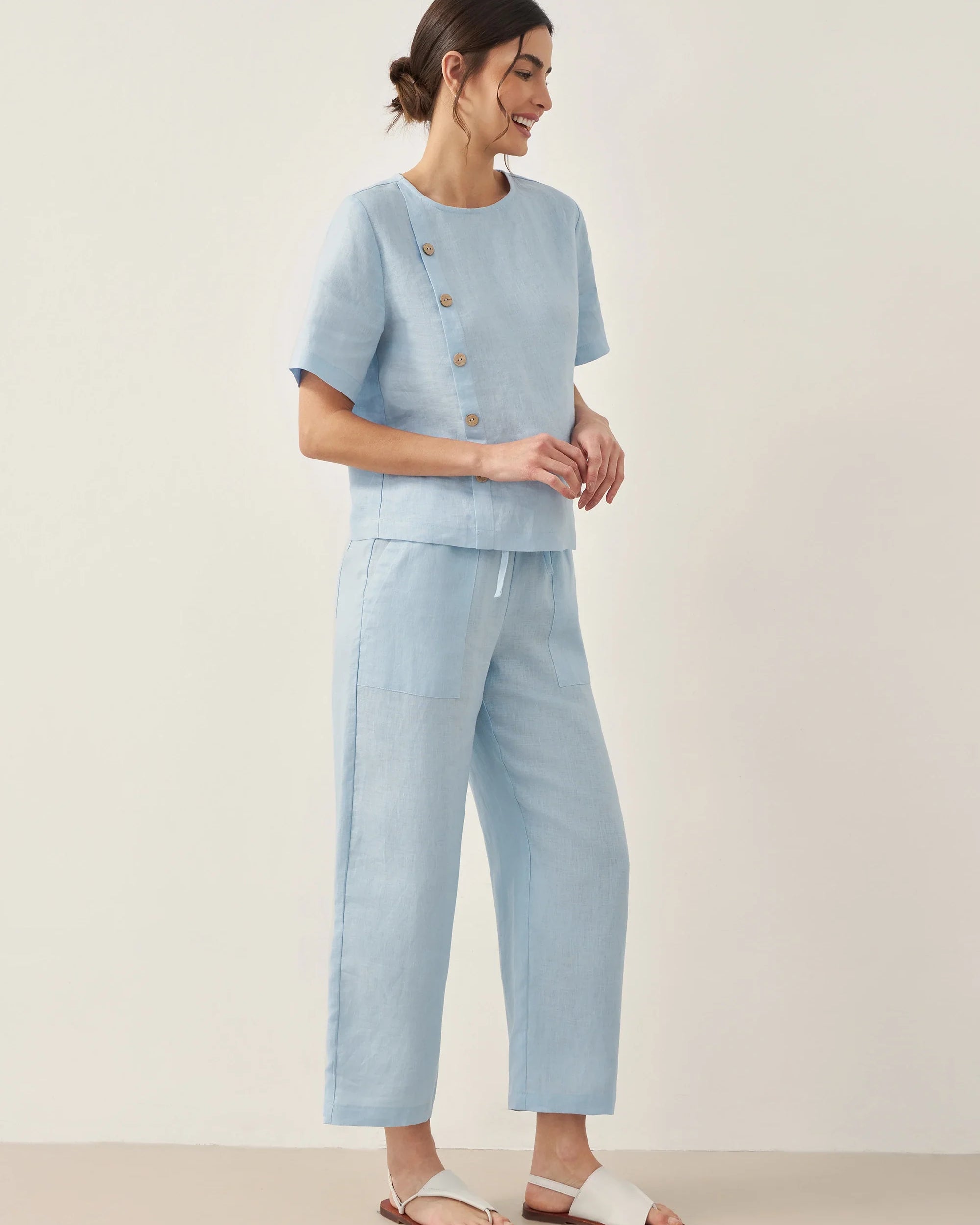 100% Linen Short-Sleeve Round Neck Button Detail Top & Pants Set JOSIE - SETS-Linen Sets