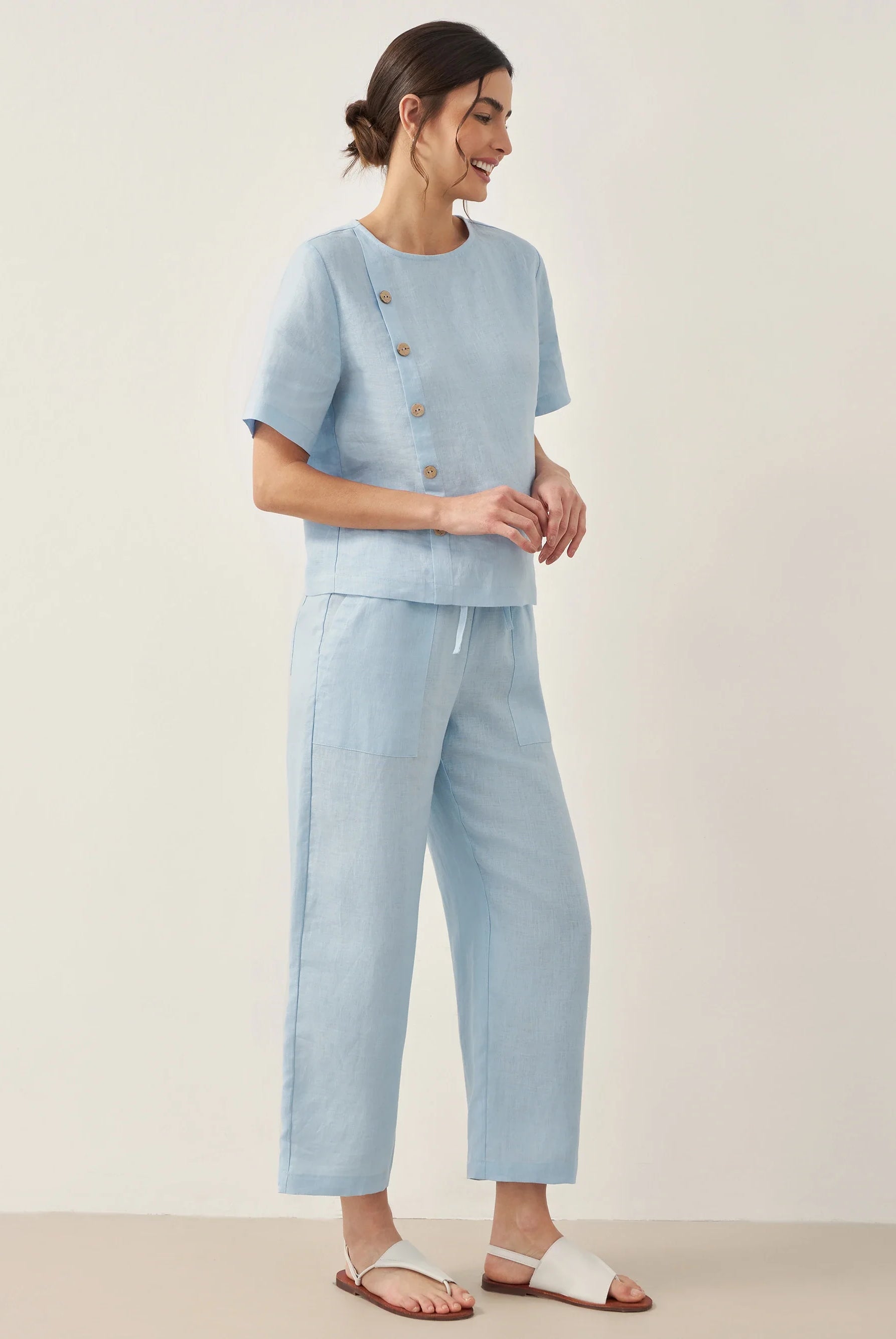 100% Linen Short-Sleeve Round Neck Button Detail Top & Pants Set JOSIE - SETS-Linen Sets