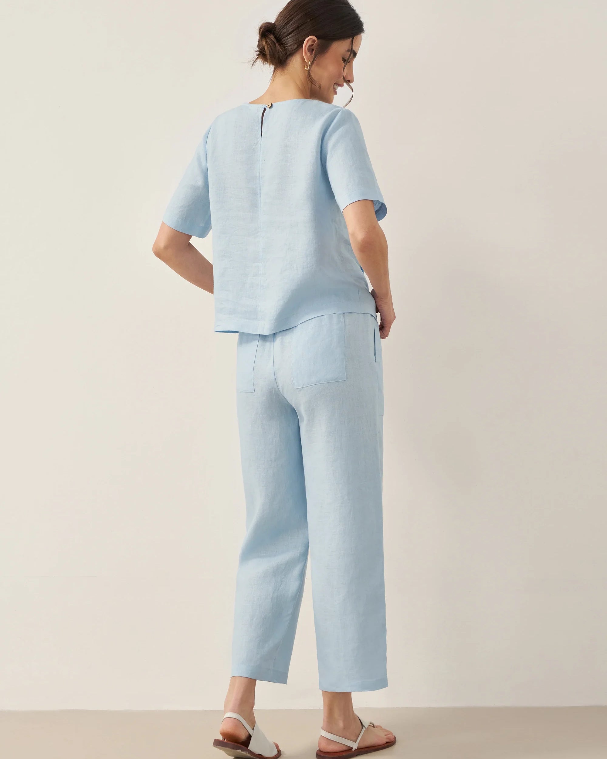 100% Linen Short-Sleeve Round Neck Button Detail Top & Pants Set JOSIE - SETS-Linen Sets
