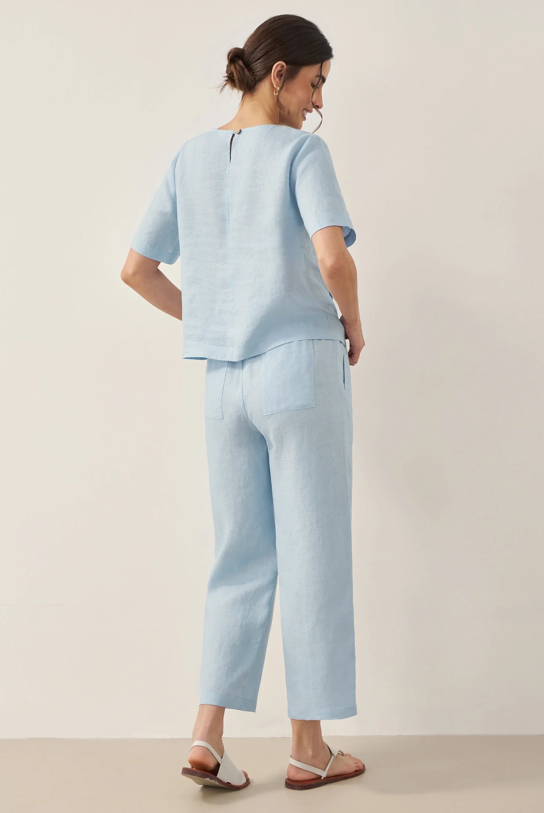 100% Linen Short-Sleeve Round Neck Button Detail Top & Pants Set JOSIE - SETS-Linen Sets