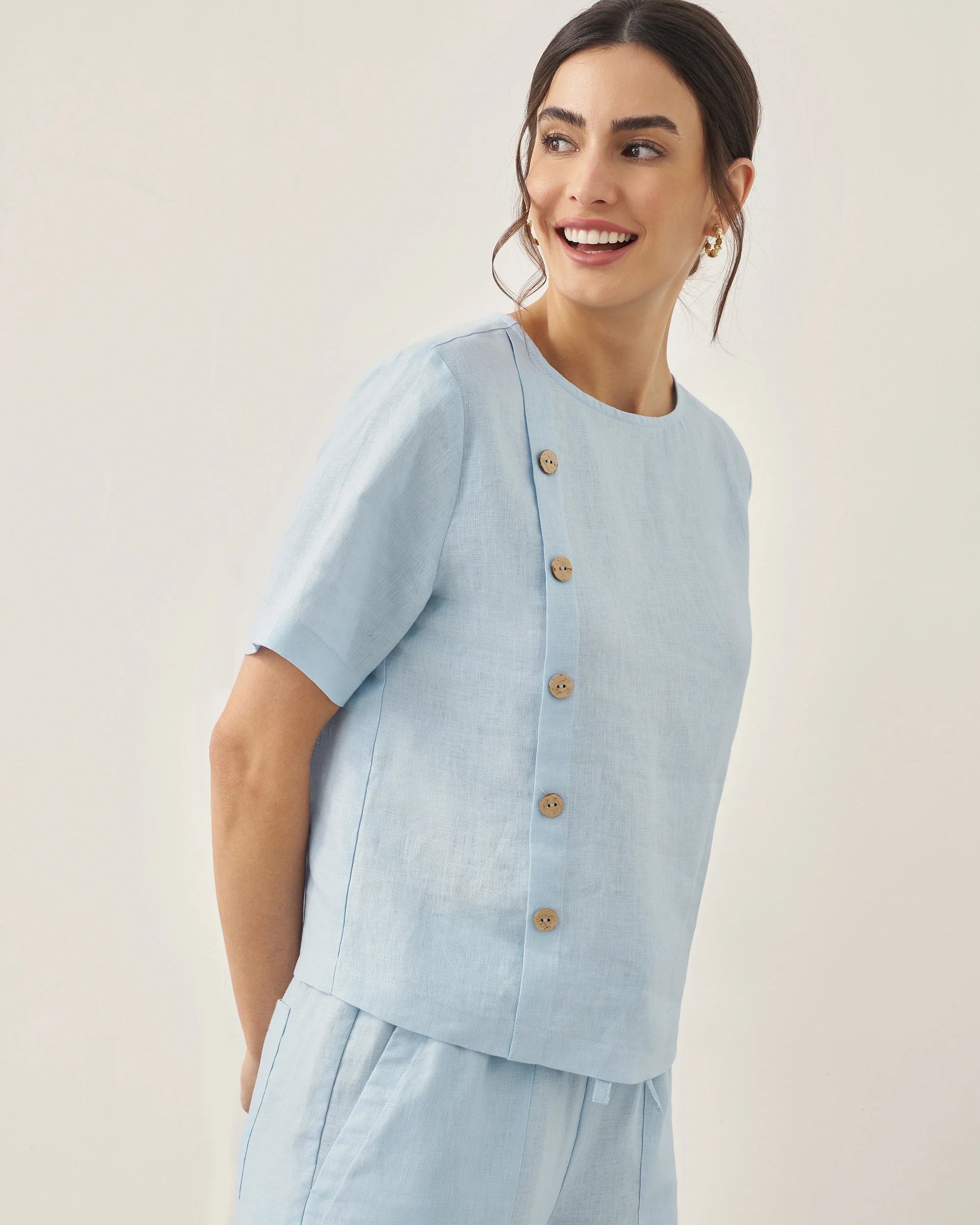 100% Linen Short-Sleeve Round Neck Button Detail Top & Pants Set JOSIE - SETS-Linen Sets