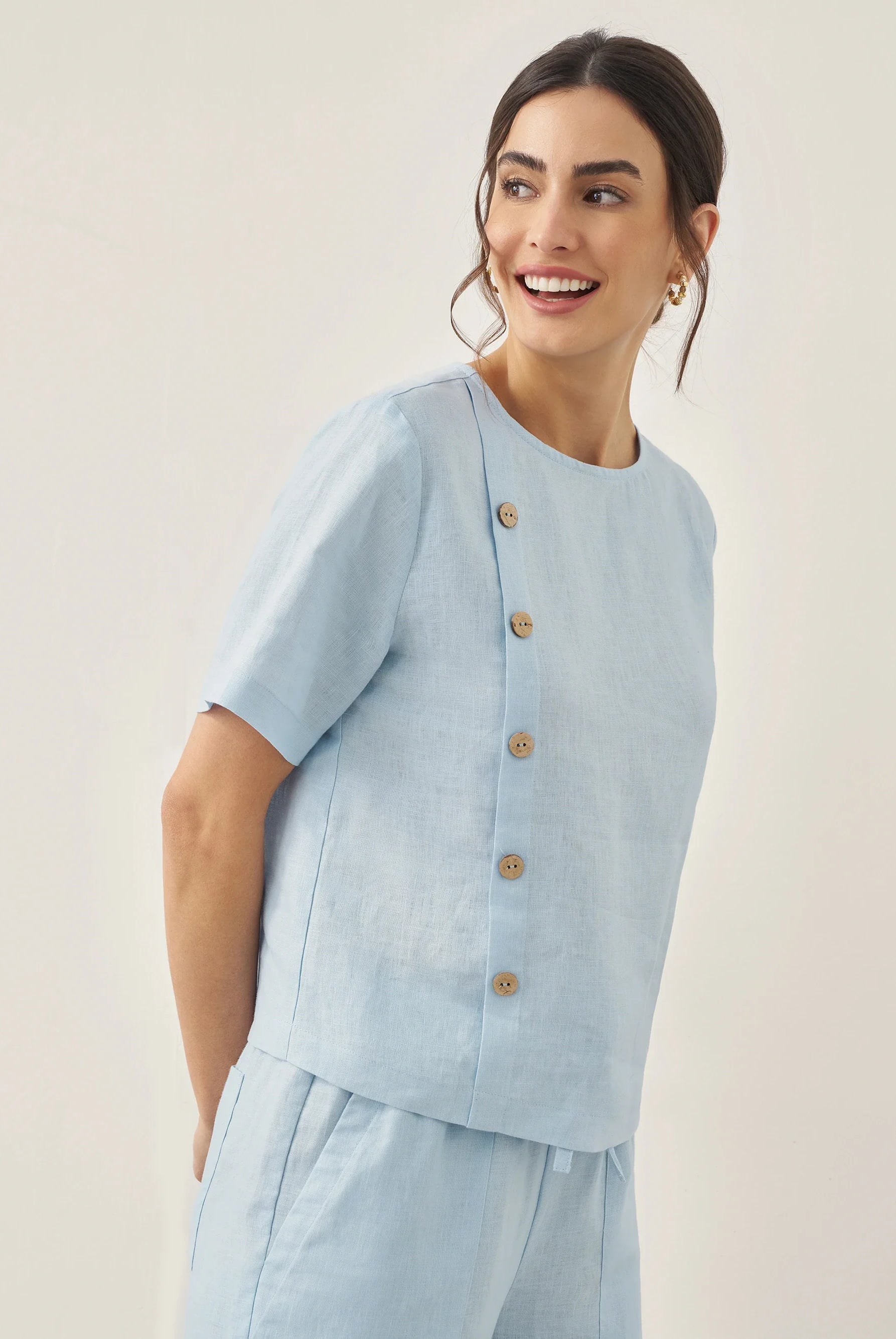 100% Linen Short-Sleeve Round Neck Button Detail Top & Pants Set JOSIE - SETS-Linen Sets