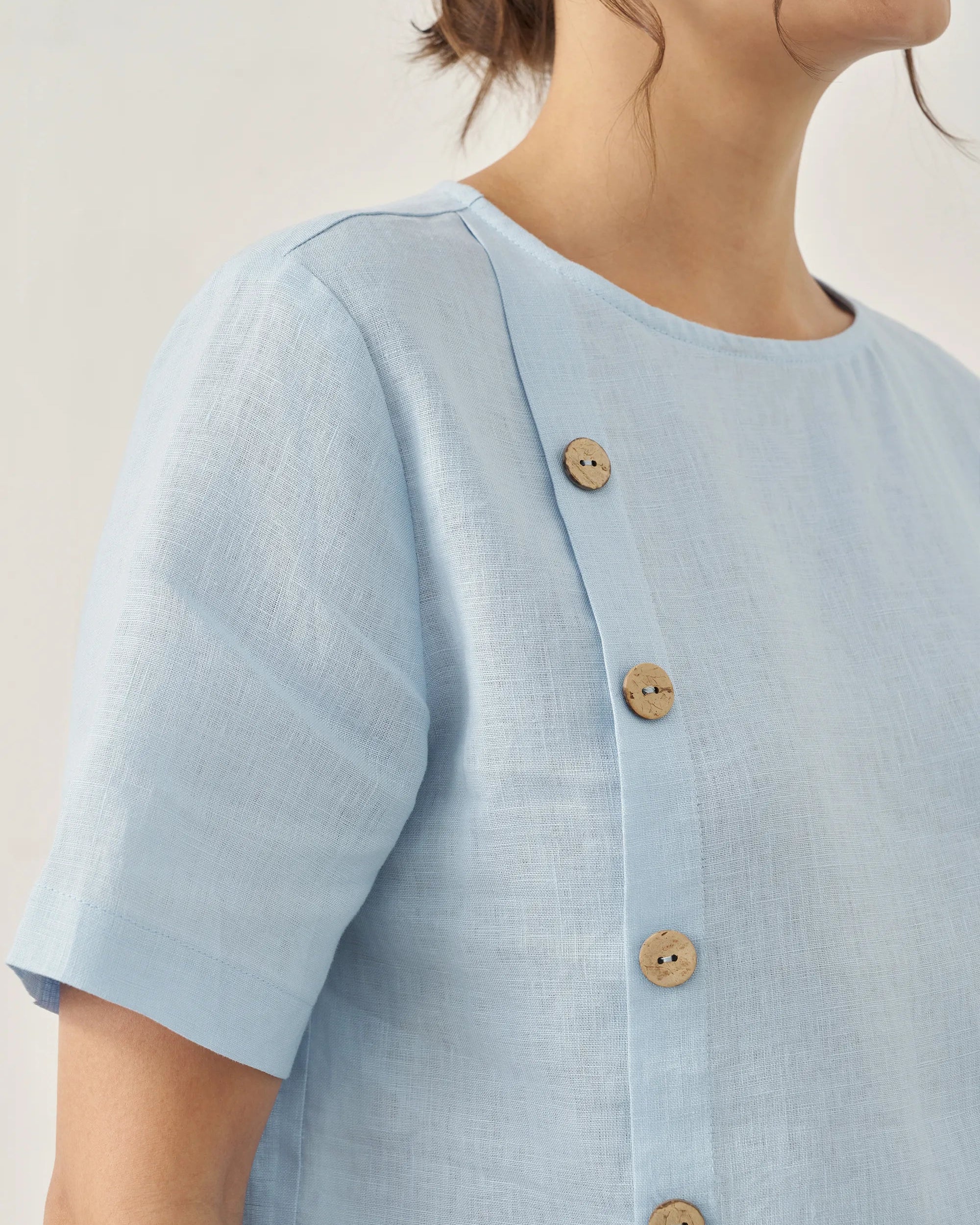 100% Linen Short-Sleeve Round Neck Button Detail Top & Pants Set JOSIE - SETS-Linen Sets