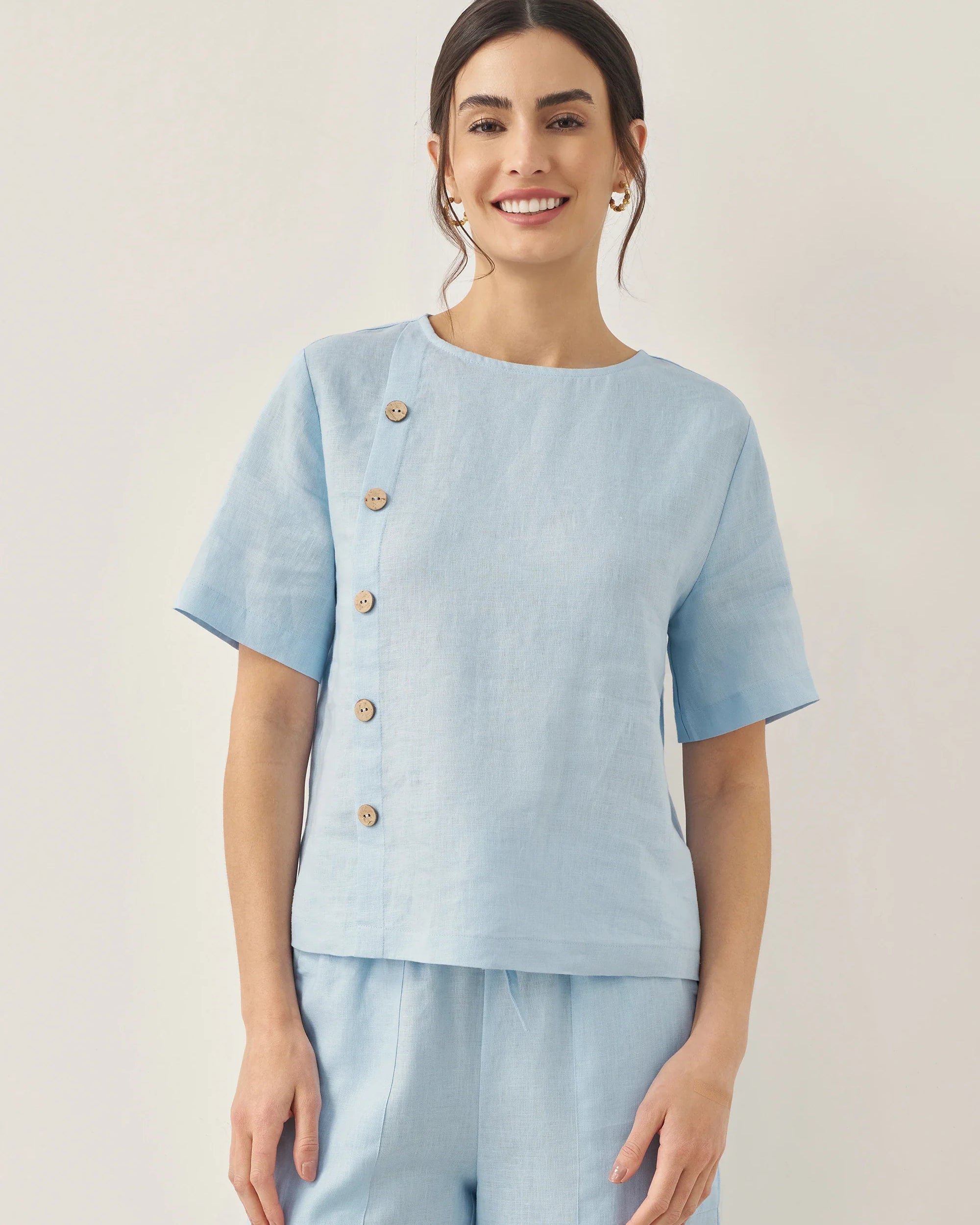 100% Linen Short-Sleeve Round Neck Button Detail Top & Pants Set JOSIE - Baby Blue / Tops / S - SETS-Linen Sets