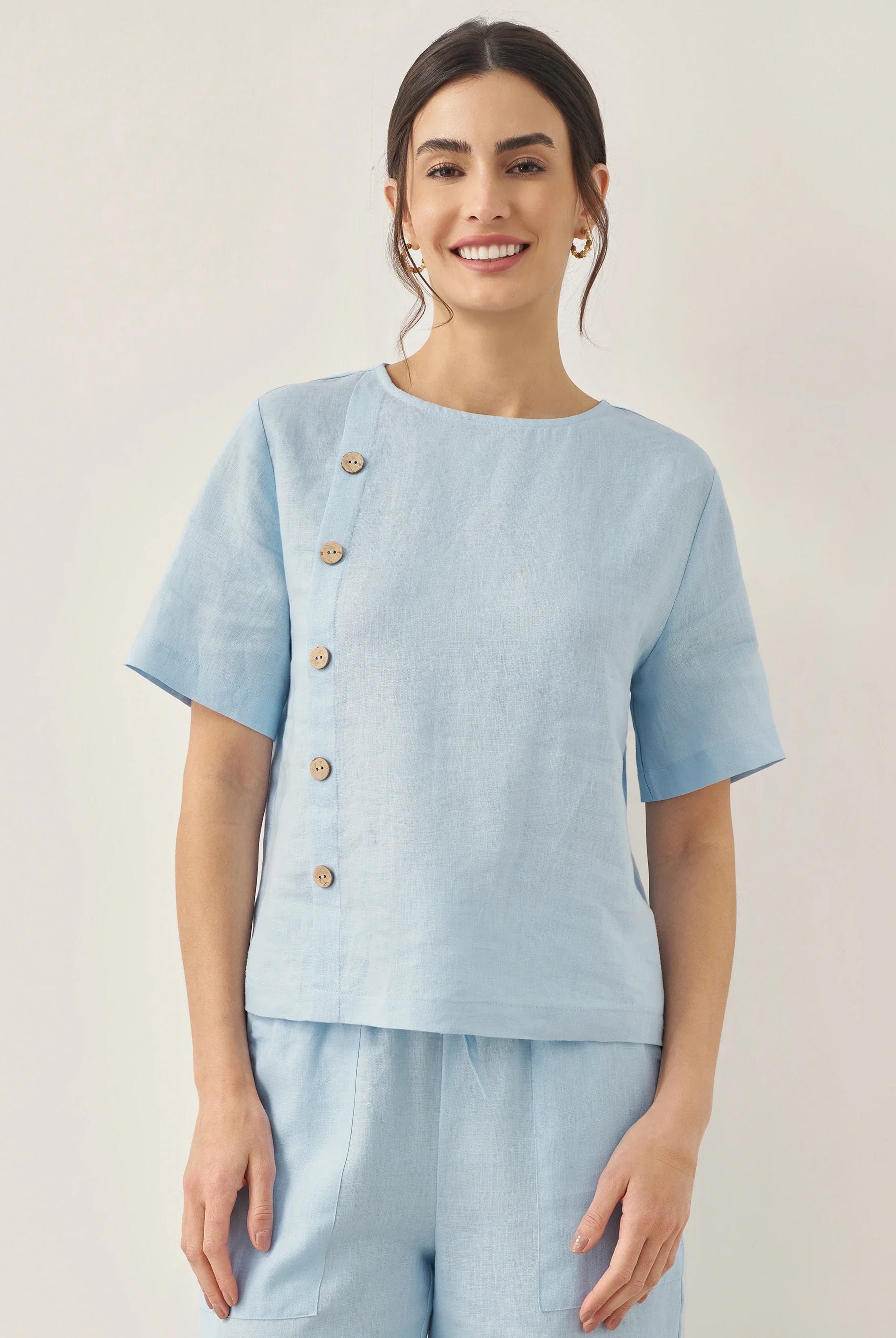 100% Linen Short-Sleeve Round Neck Button Detail Top & Pants Set JOSIE - Baby Blue / Tops / S - SETS-Linen Sets