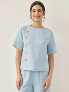100% Linen Short-Sleeve Round Neck Button Detail Top & Pants Set JOSIE - Baby Blue / Tops / S - SETS-Linen Sets
