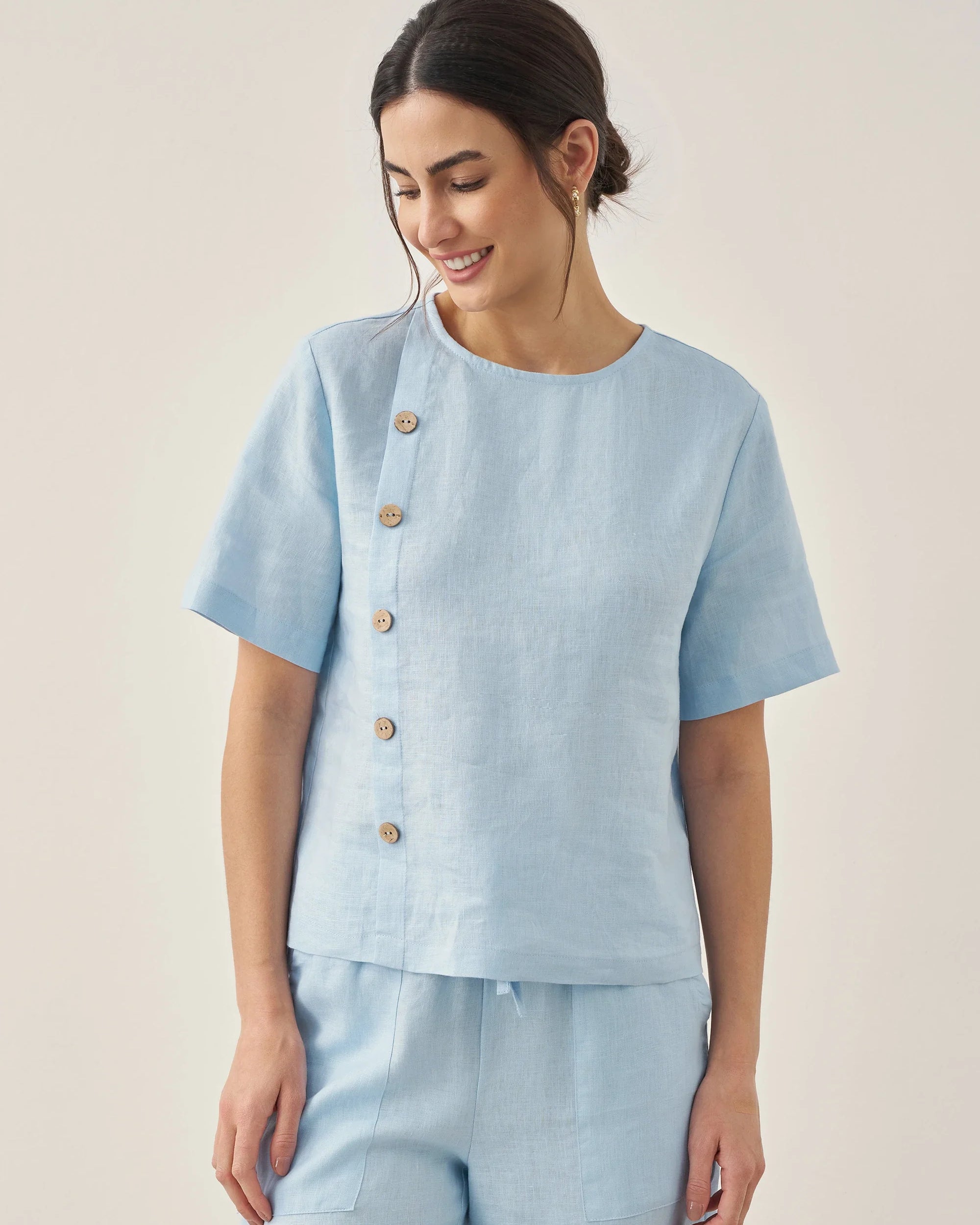 100% Linen Short-Sleeve Round Neck Button Detail Top & Pants Set JOSIE - SETS-Linen Sets