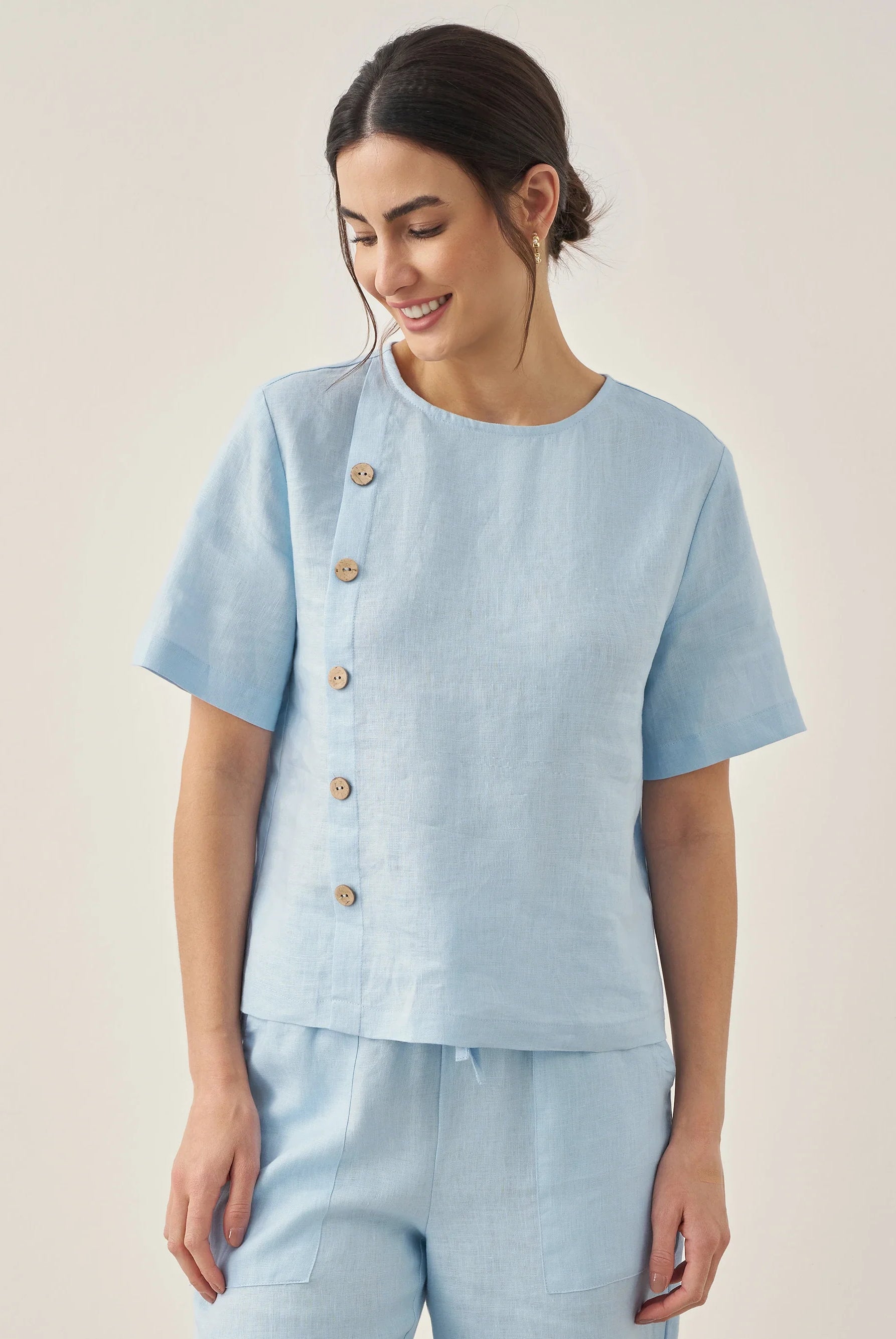 100% Linen Short-Sleeve Round Neck Button Detail Top & Pants Set JOSIE - SETS-Linen Sets