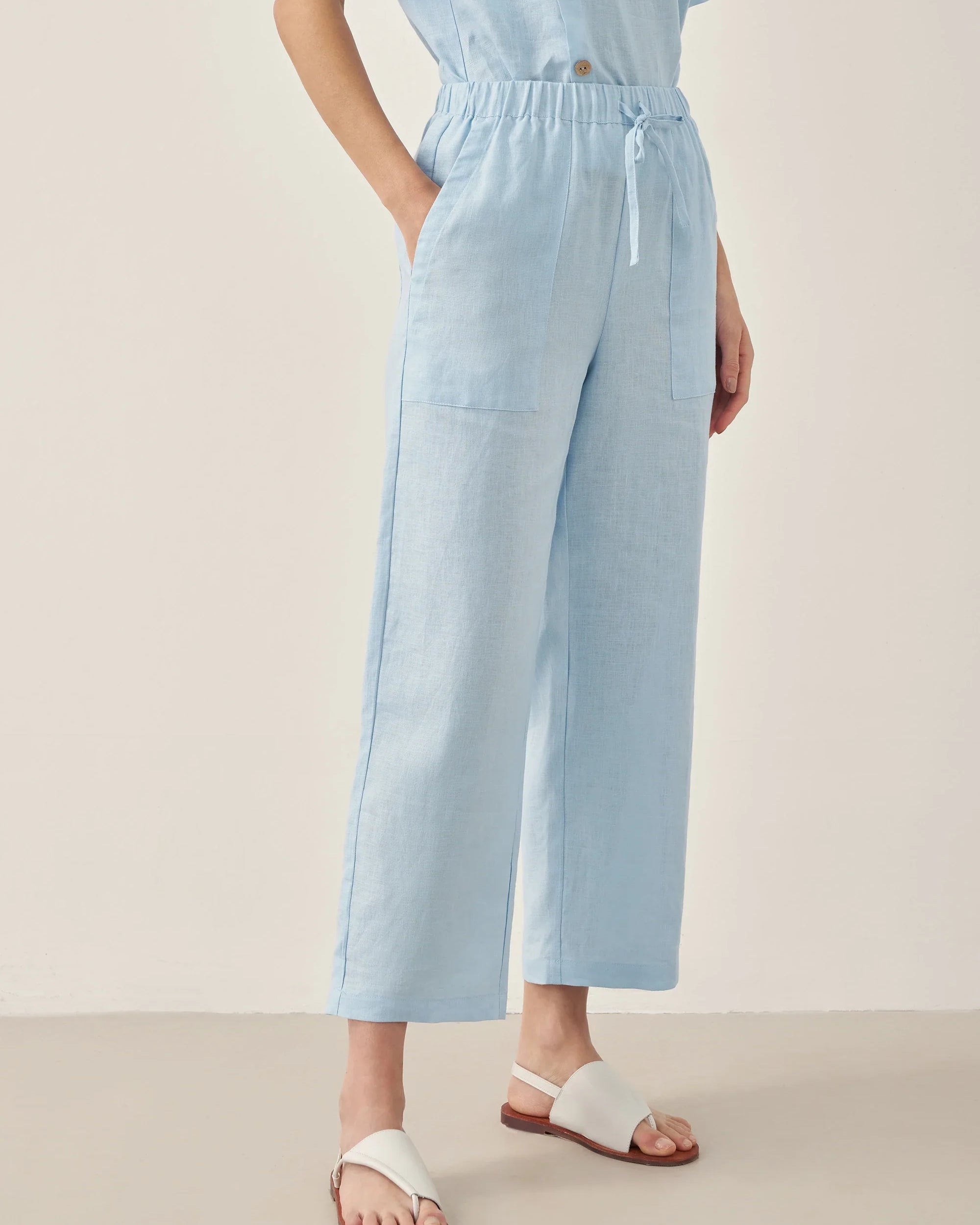 100% Linen Short-Sleeve Round Neck Button Detail Top & Pants Set JOSIE - Baby Blue / Bottoms / S - SETS-Linen Sets