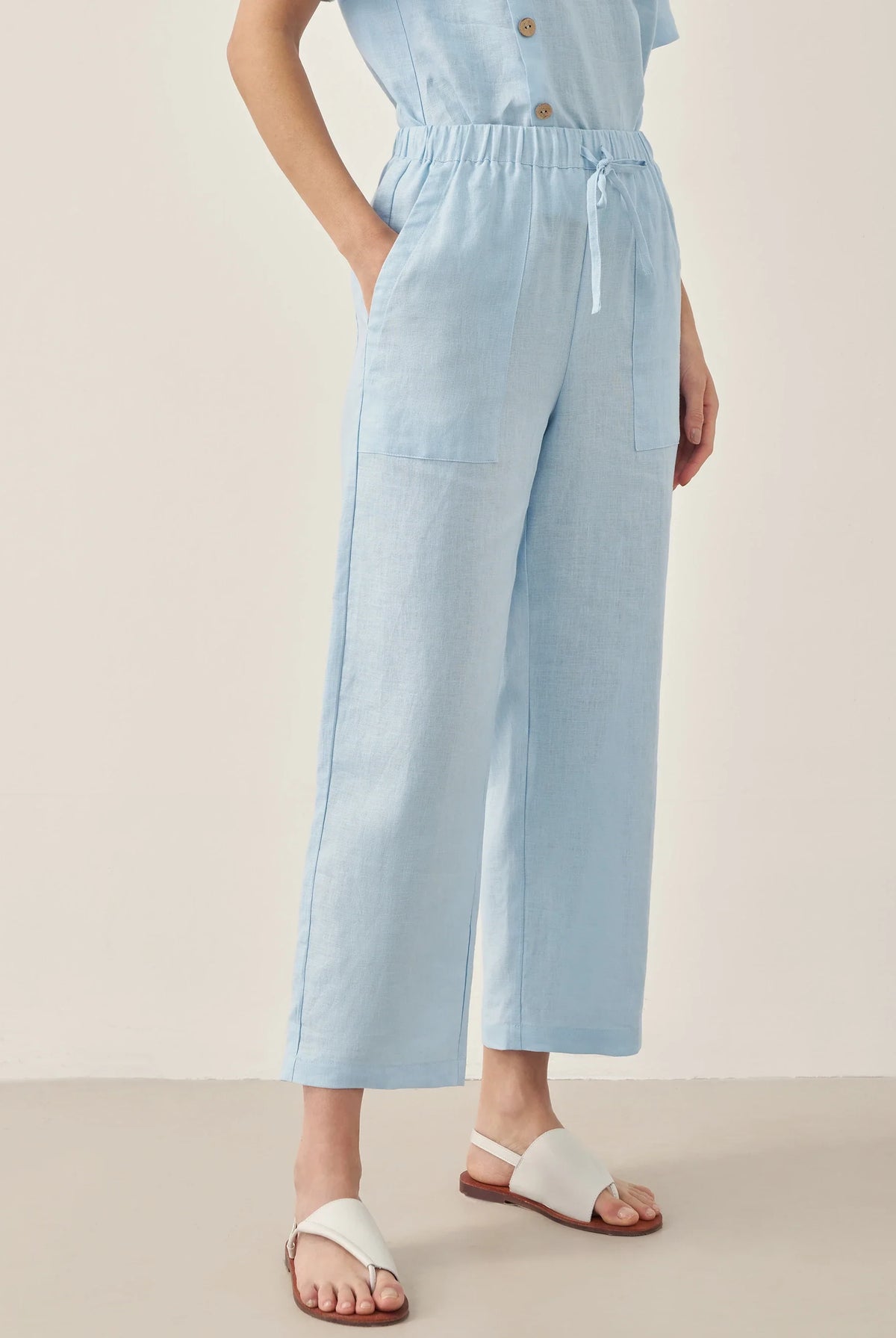 100% Linen Short-Sleeve Round Neck Button Detail Top & Pants Set JOSIE - Baby Blue / Bottoms / S - SETS-Linen Sets