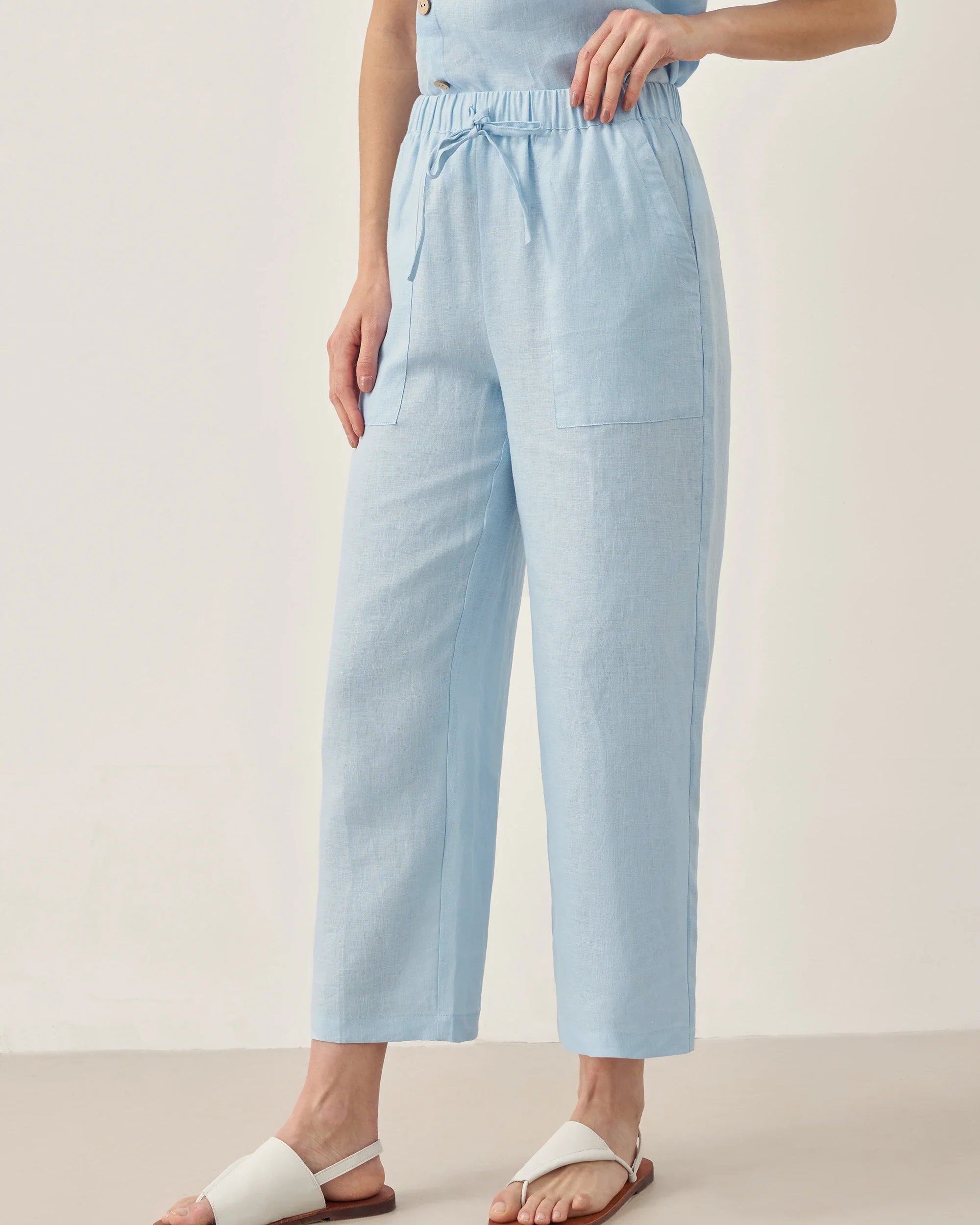 100% Linen Short-Sleeve Round Neck Button Detail Top & Pants Set JOSIE - SETS-Linen Sets