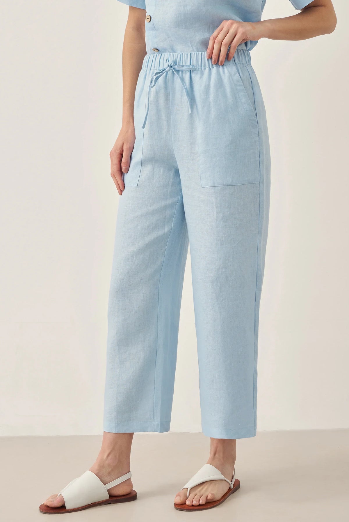 100% Linen Short-Sleeve Round Neck Button Detail Top & Pants Set JOSIE - SETS-Linen Sets