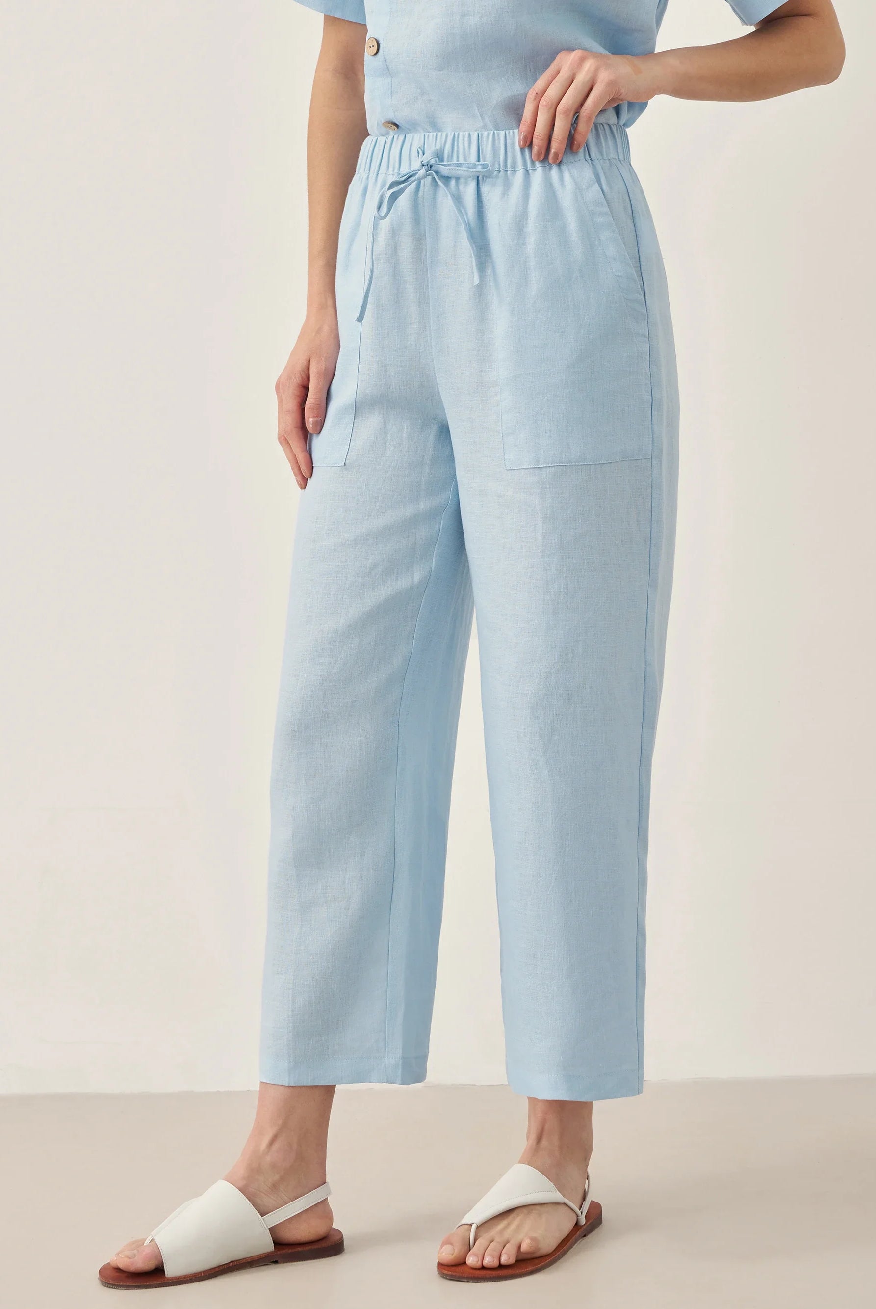 100% Linen Short-Sleeve Round Neck Button Detail Top & Pants Set JOSIE - SETS-Linen Sets