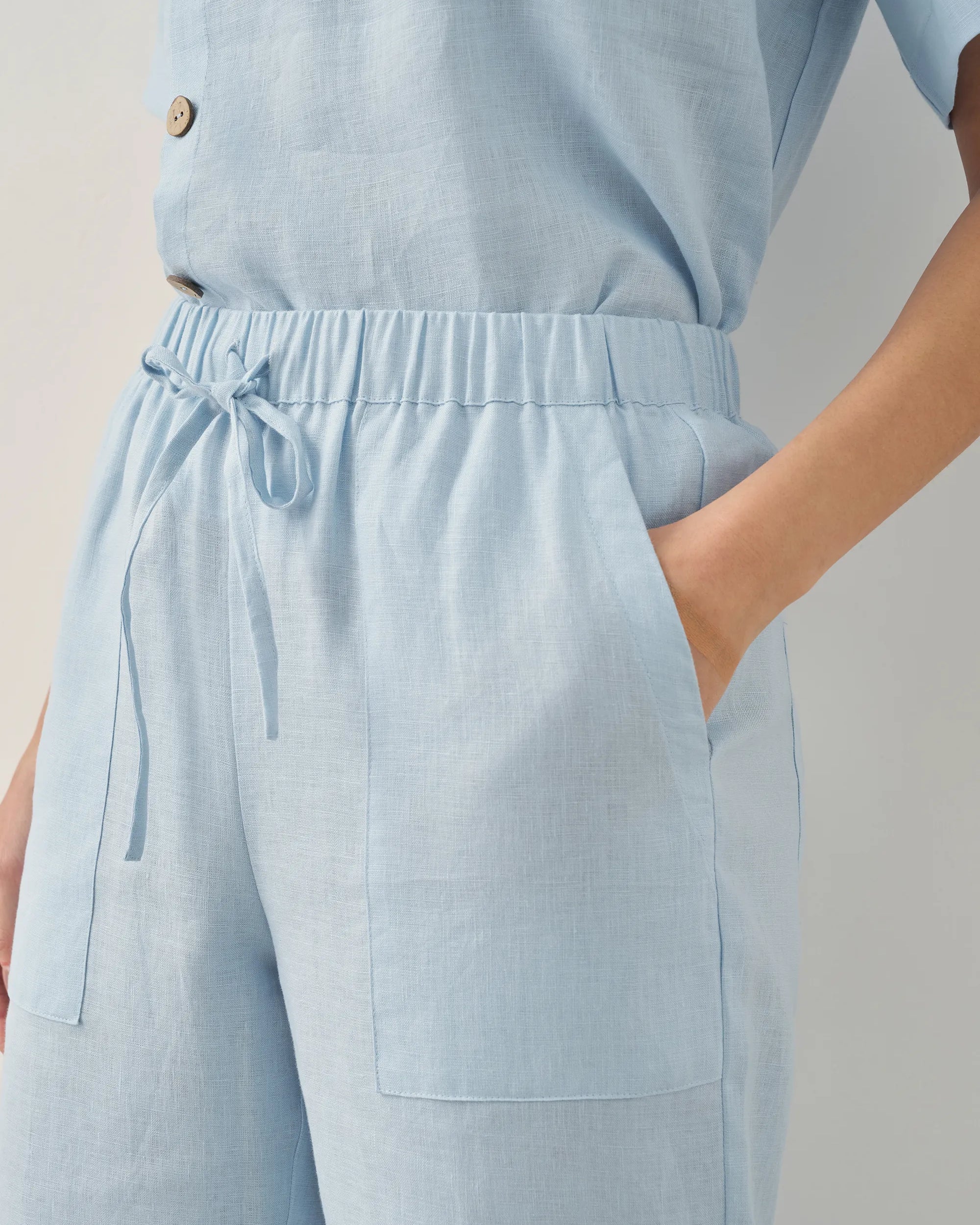 100% Linen Short-Sleeve Round Neck Button Detail Top & Pants Set JOSIE - SETS-Linen Sets