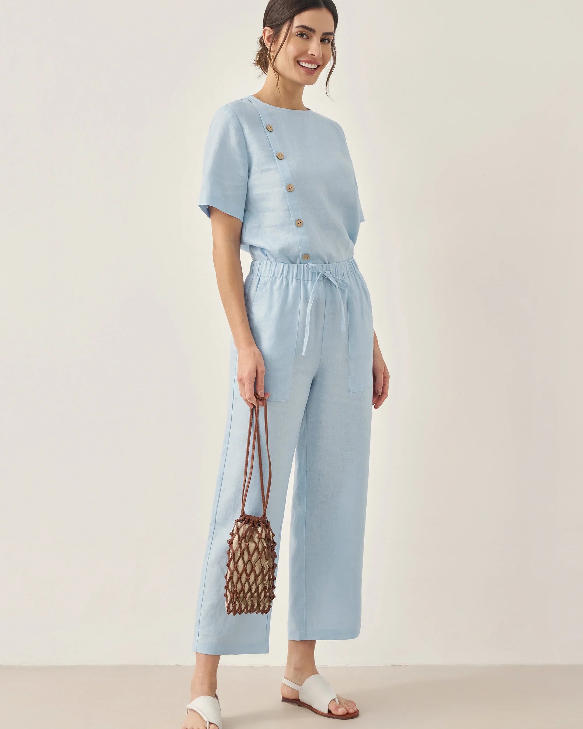 100% Linen Short-Sleeve Round Neck Button Detail Top & Pants Set JOSIE - SETS-Linen Sets