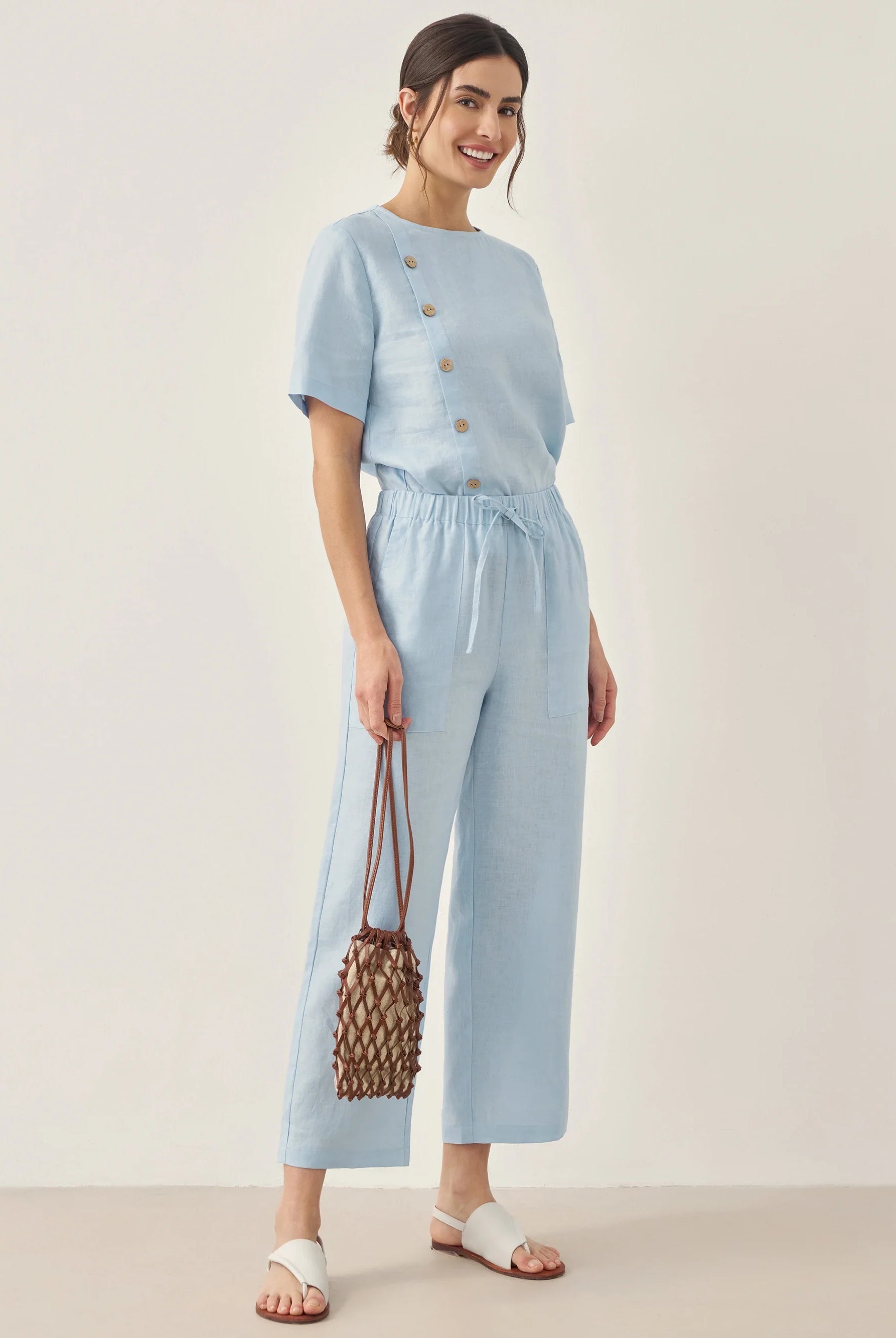 100% Linen Short-Sleeve Round Neck Button Detail Top & Pants Set JOSIE - SETS-Linen Sets
