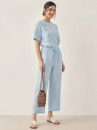 100% Linen Short-Sleeve Round Neck Button Detail Top & Pants Set JOSIE - SETS-Linen Sets