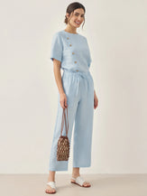 100% Linen Short-Sleeve Round Neck Button Detail Top & Pants Set JOSIE - SETS-Linen Sets