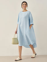 100% Linen Bateau Neck Midi Dress BROOKE by LINTICO for women