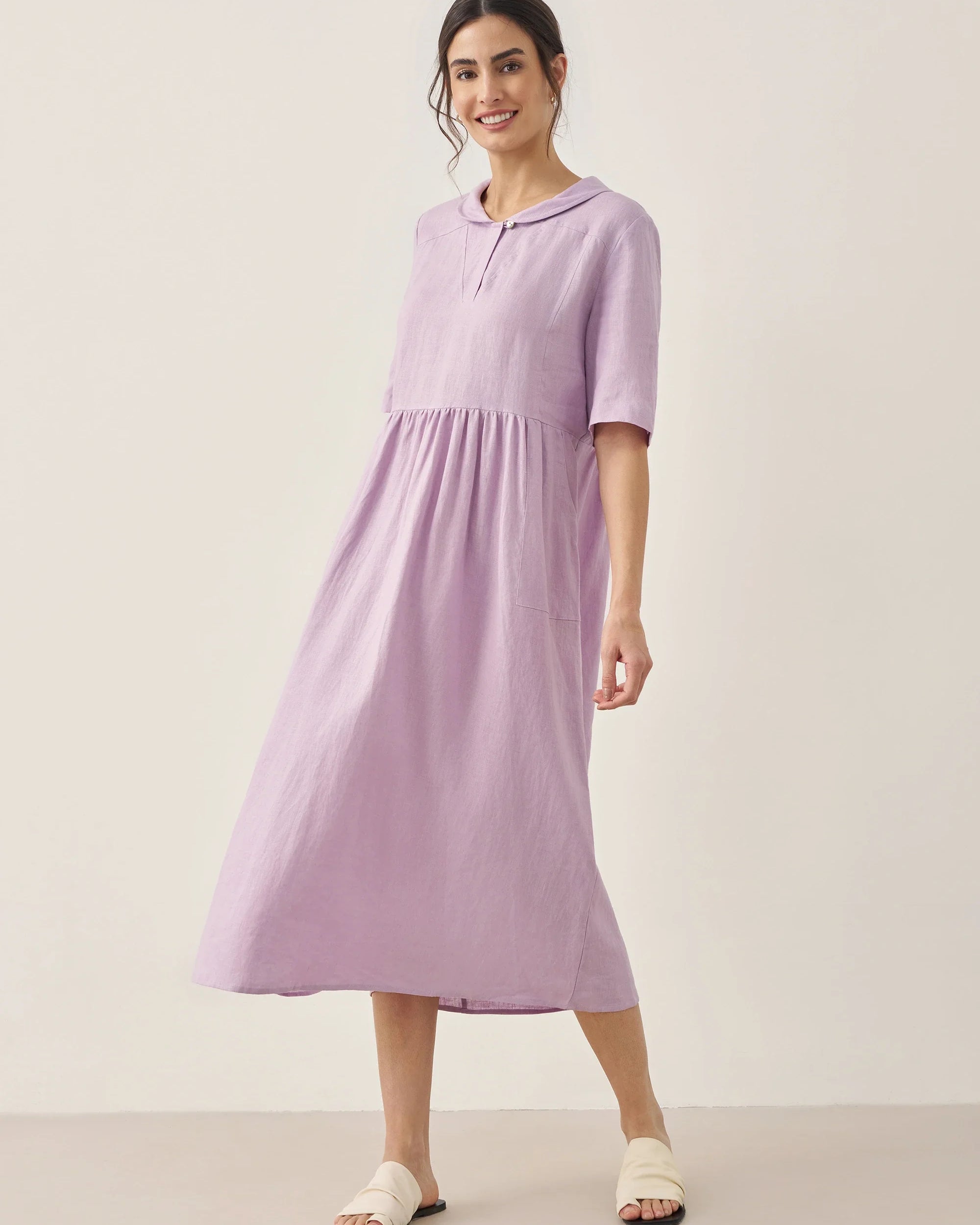100% Linen Shawl V-Neck Pleated Maxi Dress - DRESSES-Linen