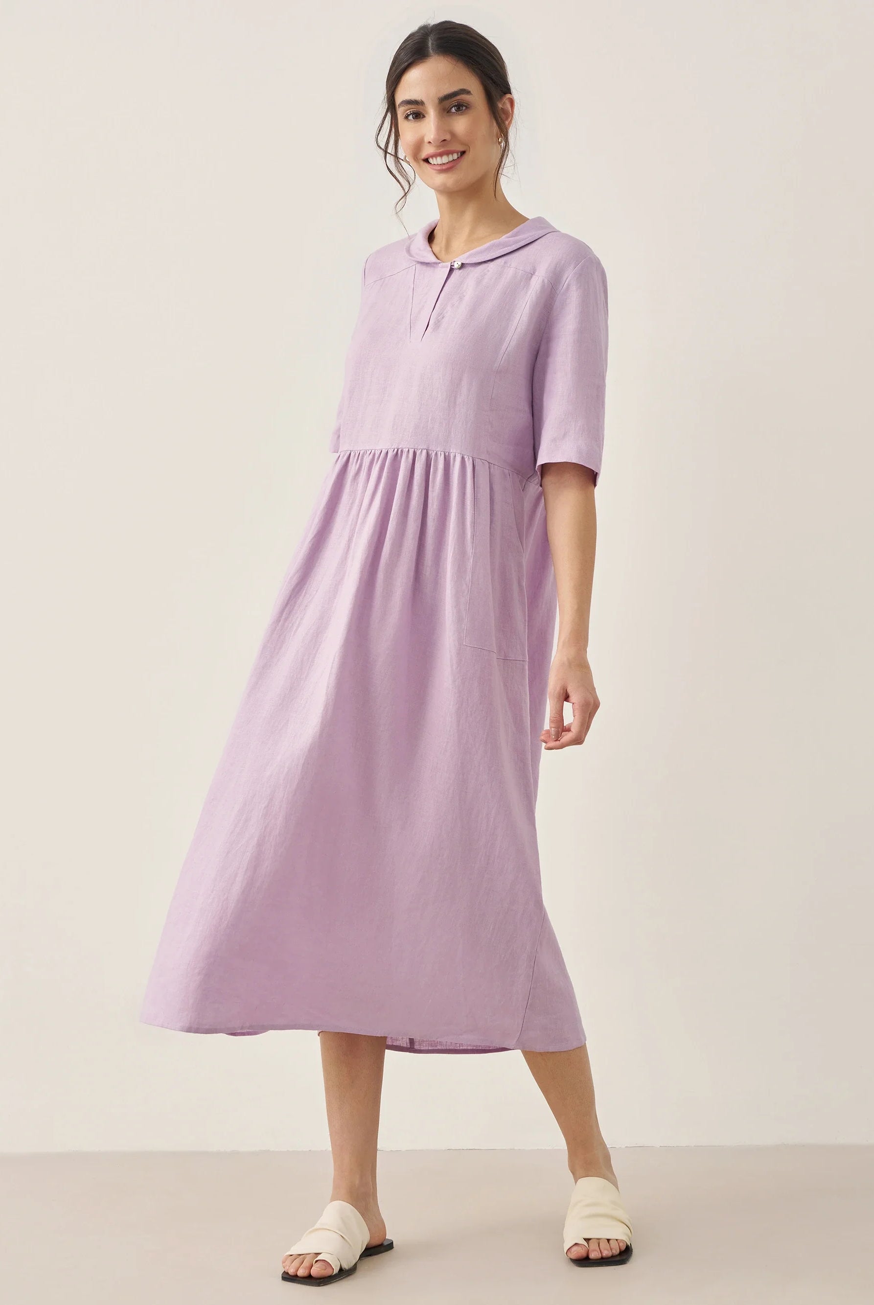 100% Linen Shawl V-Neck Pleated Maxi Dress - DRESSES-Linen