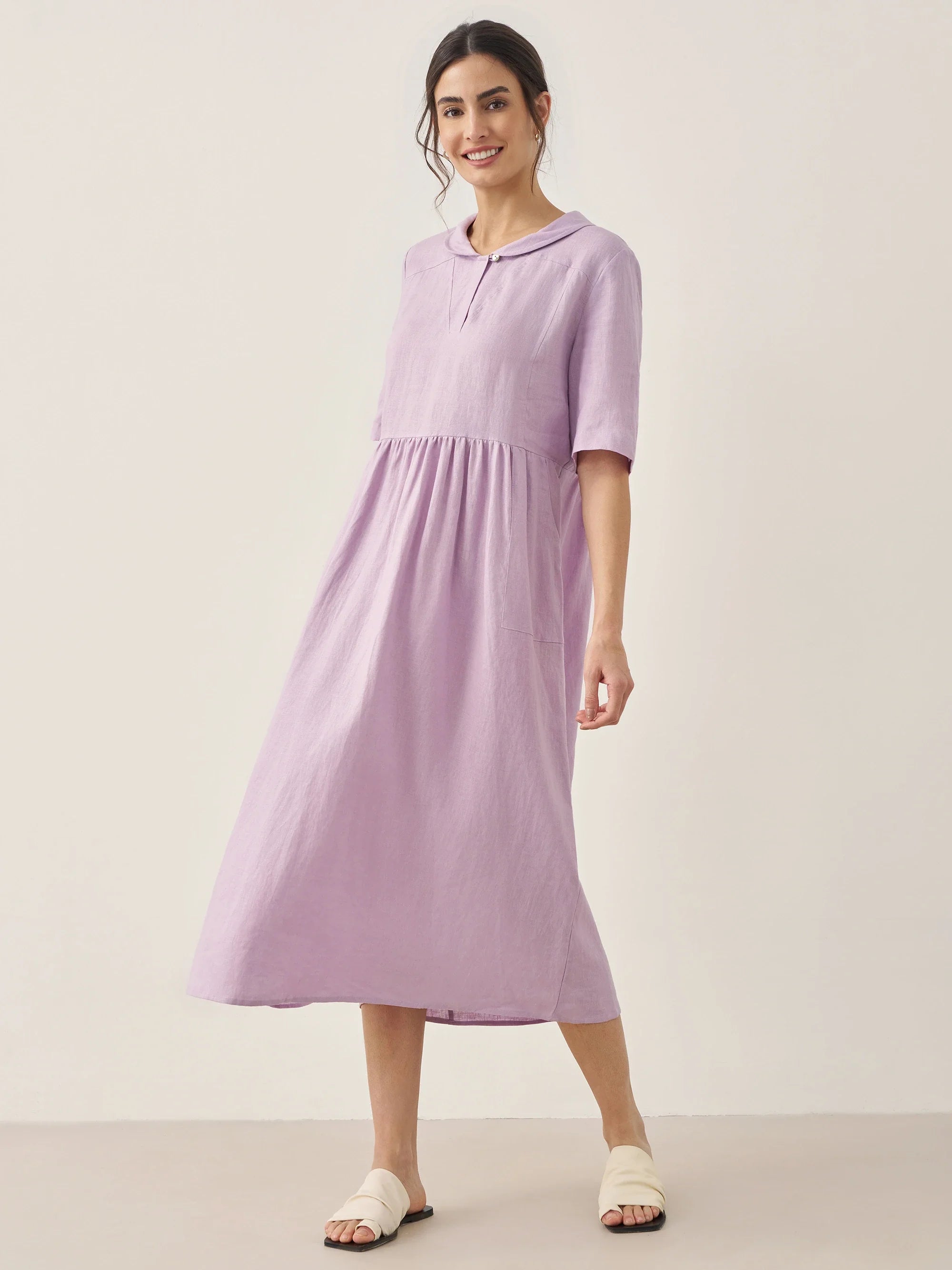 100% Linen Shawl V-Neck Pleated Maxi Dress - DRESSES-Linen