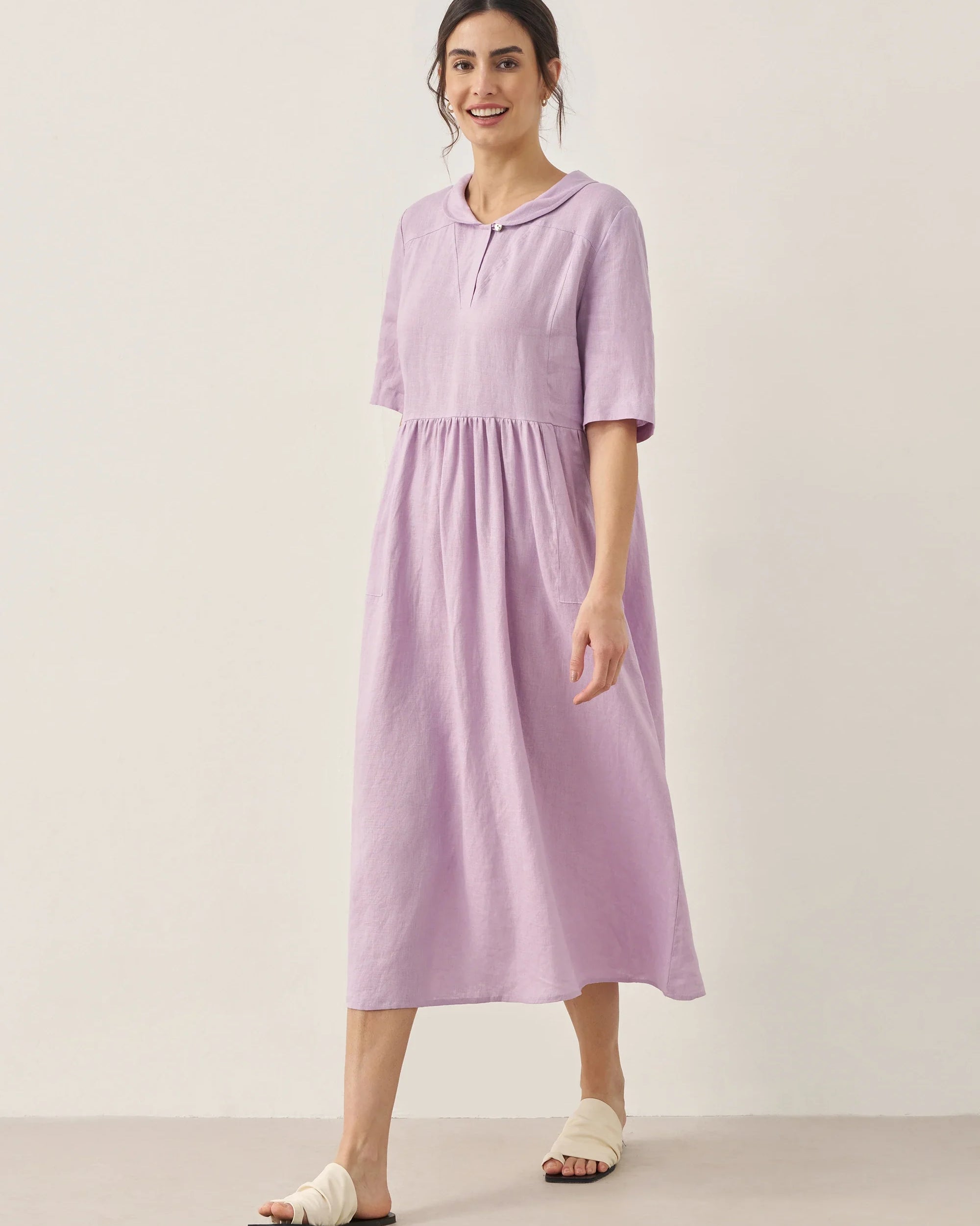100% Linen Shawl V-Neck Pleated Maxi Dress - DRESSES-Linen