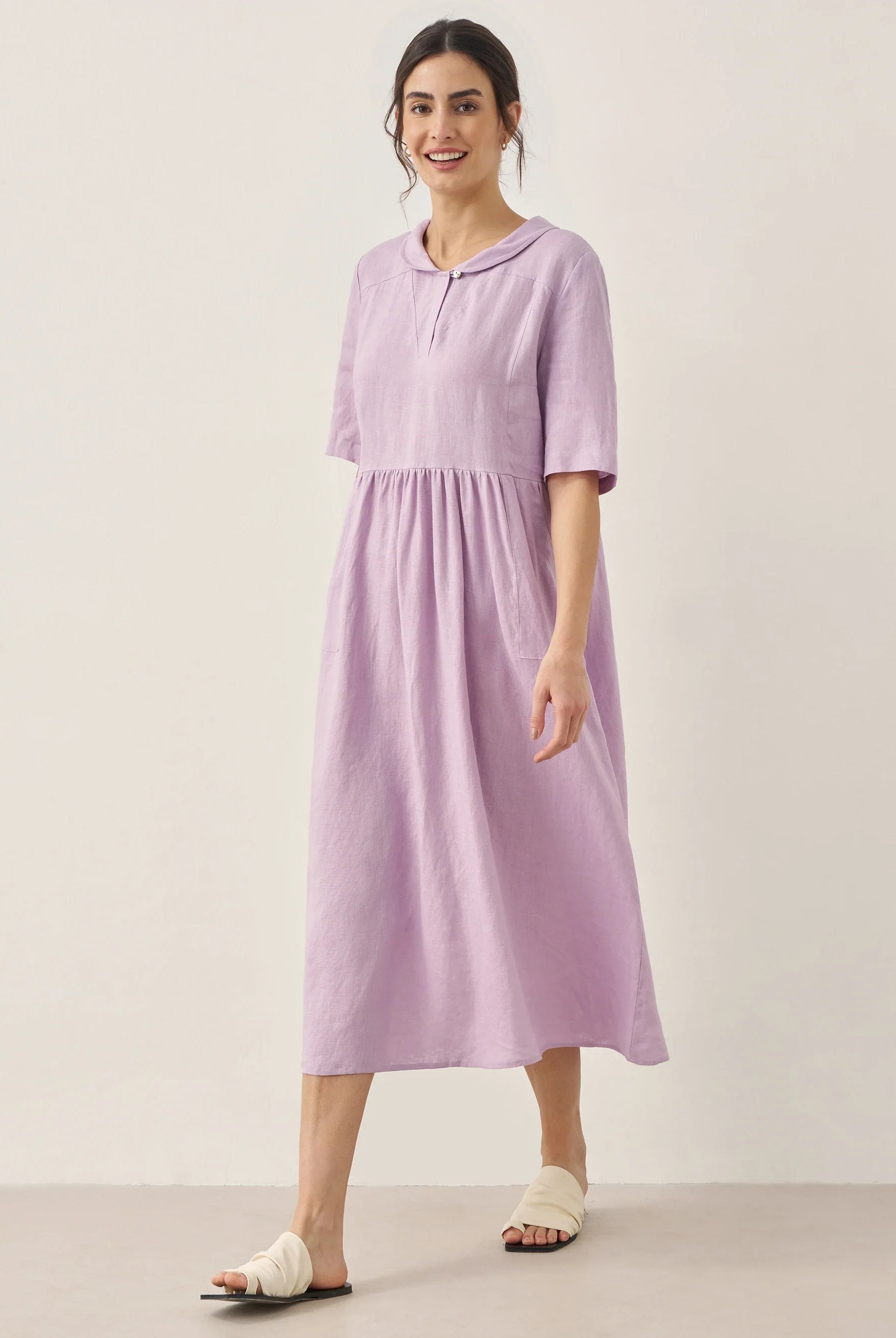 100% Linen Shawl V-Neck Pleated Maxi Dress - DRESSES-Linen
