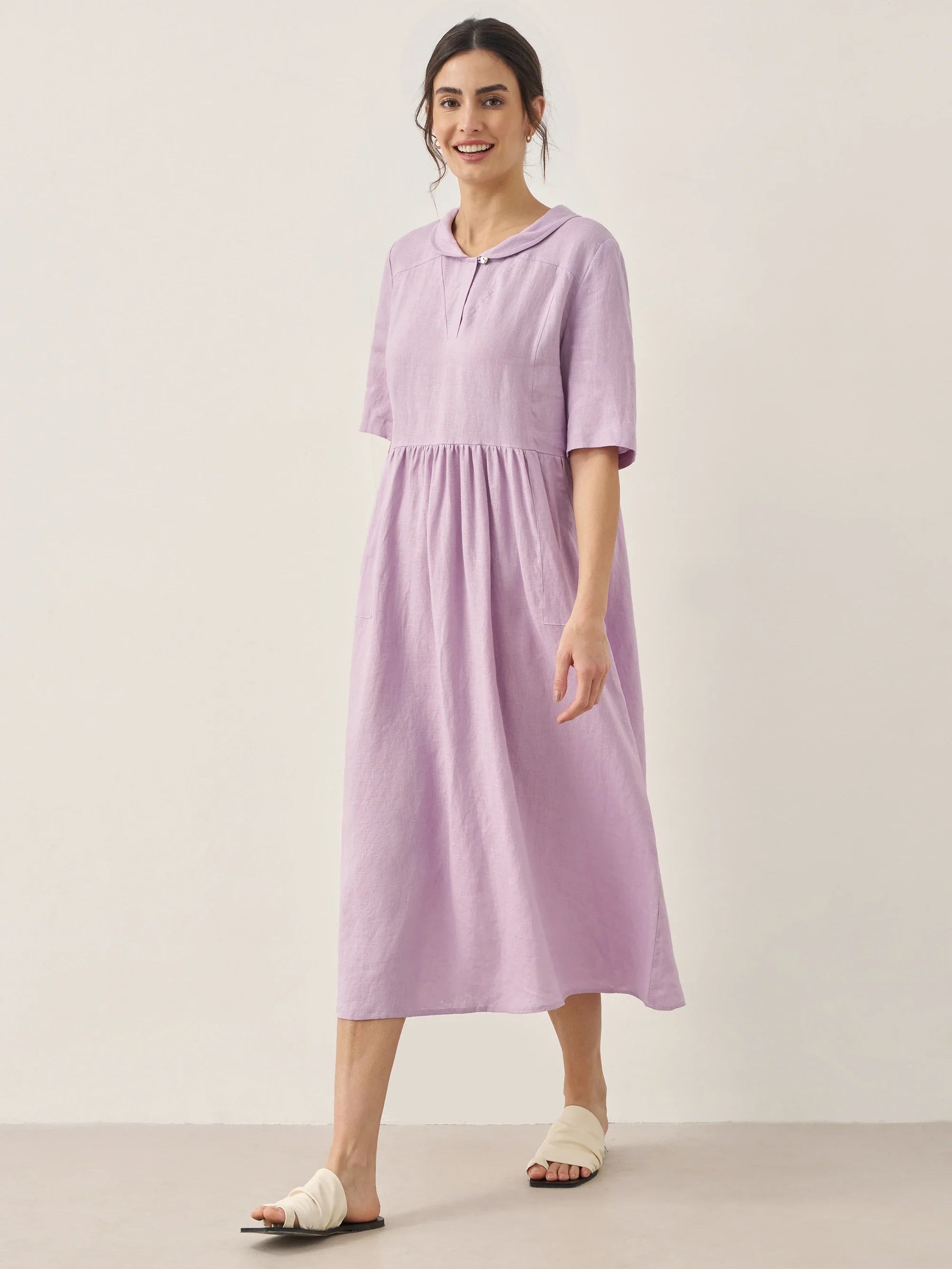 100% Linen Shawl V-Neck Pleated Maxi Dress - DRESSES-Linen