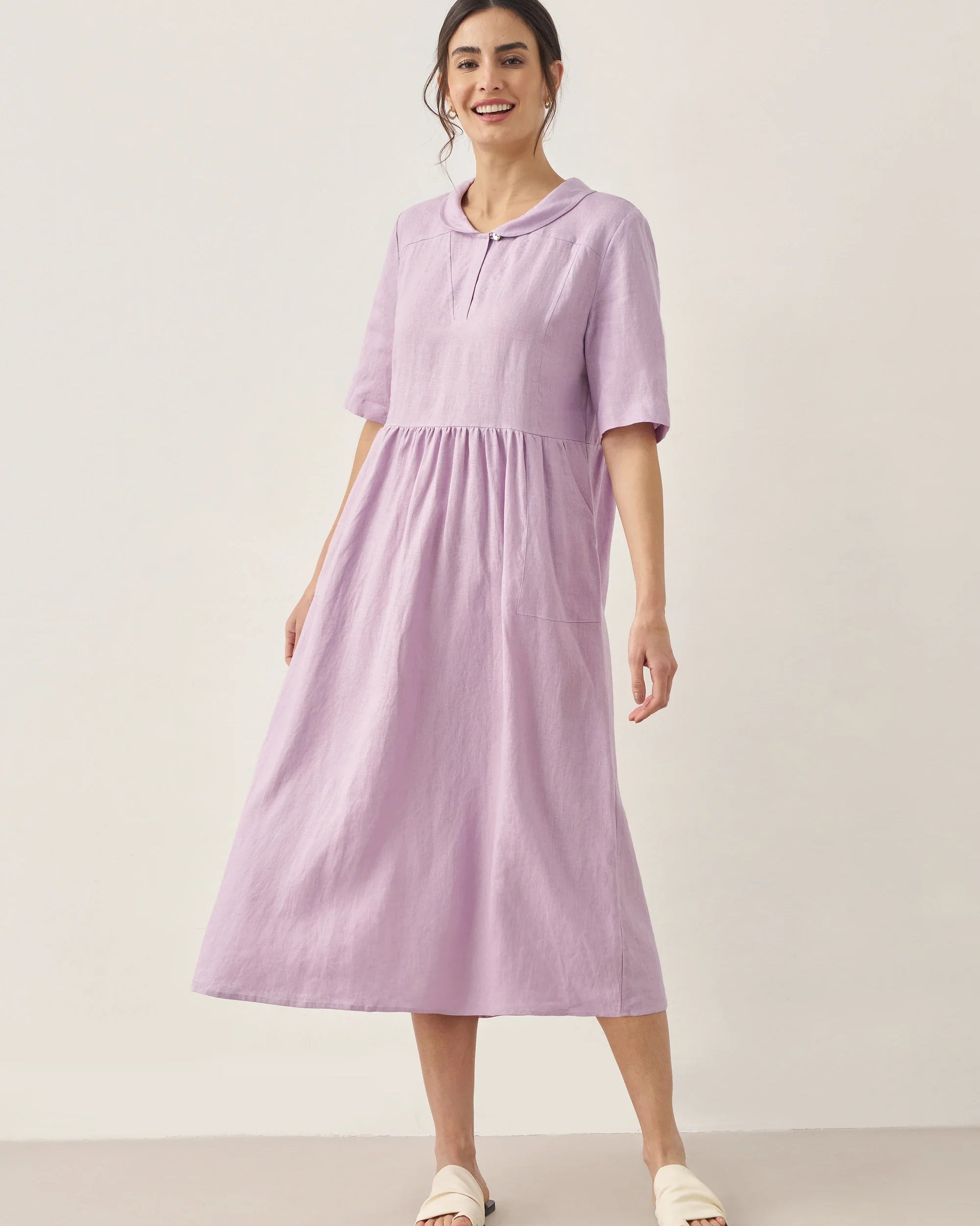 100% Linen Shawl V-Neck Pleated Maxi Dress - Lavender / S - DRESSES-Linen