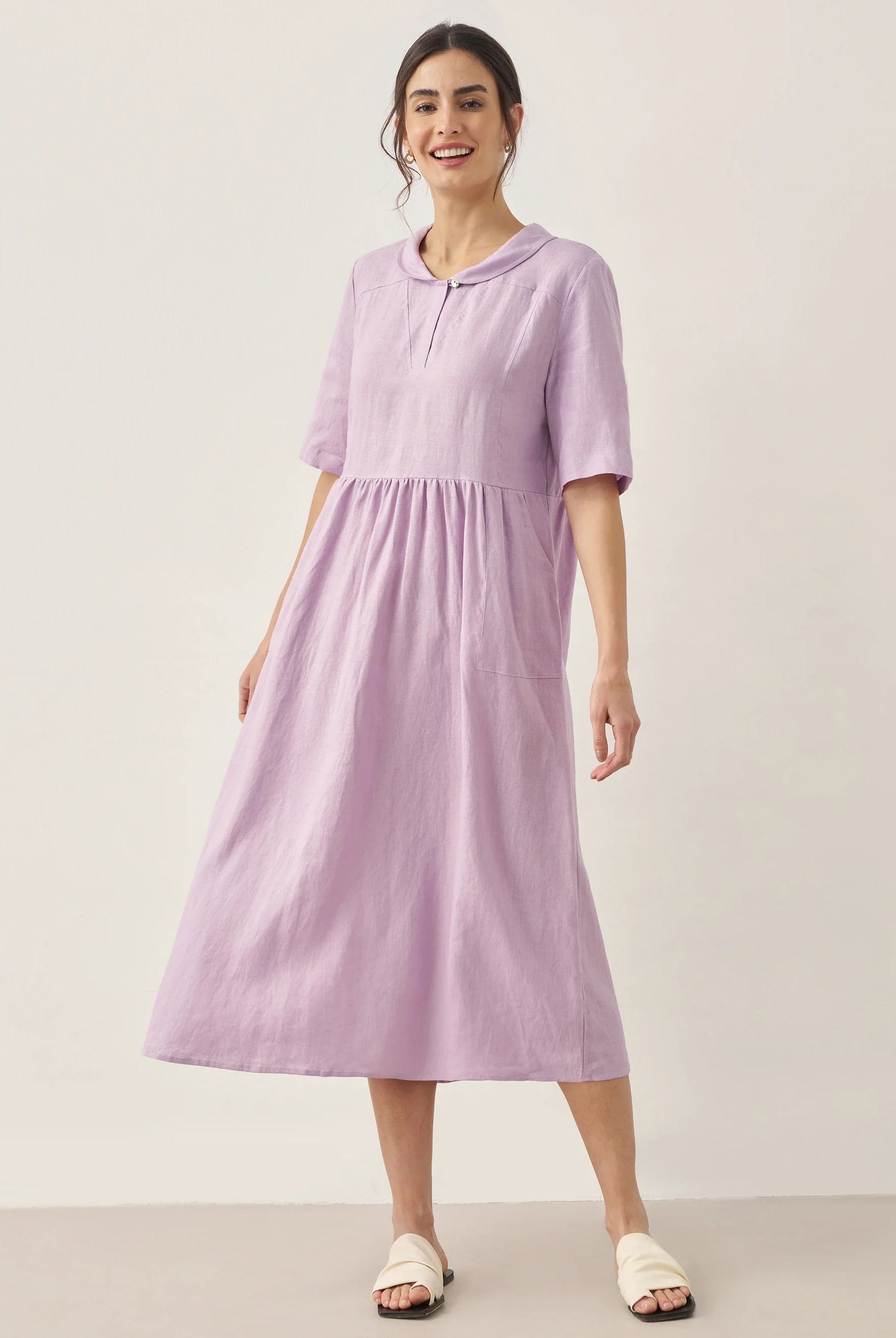 100% Linen Shawl V-Neck Pleated Maxi Dress - Lavender / S - DRESSES-Linen