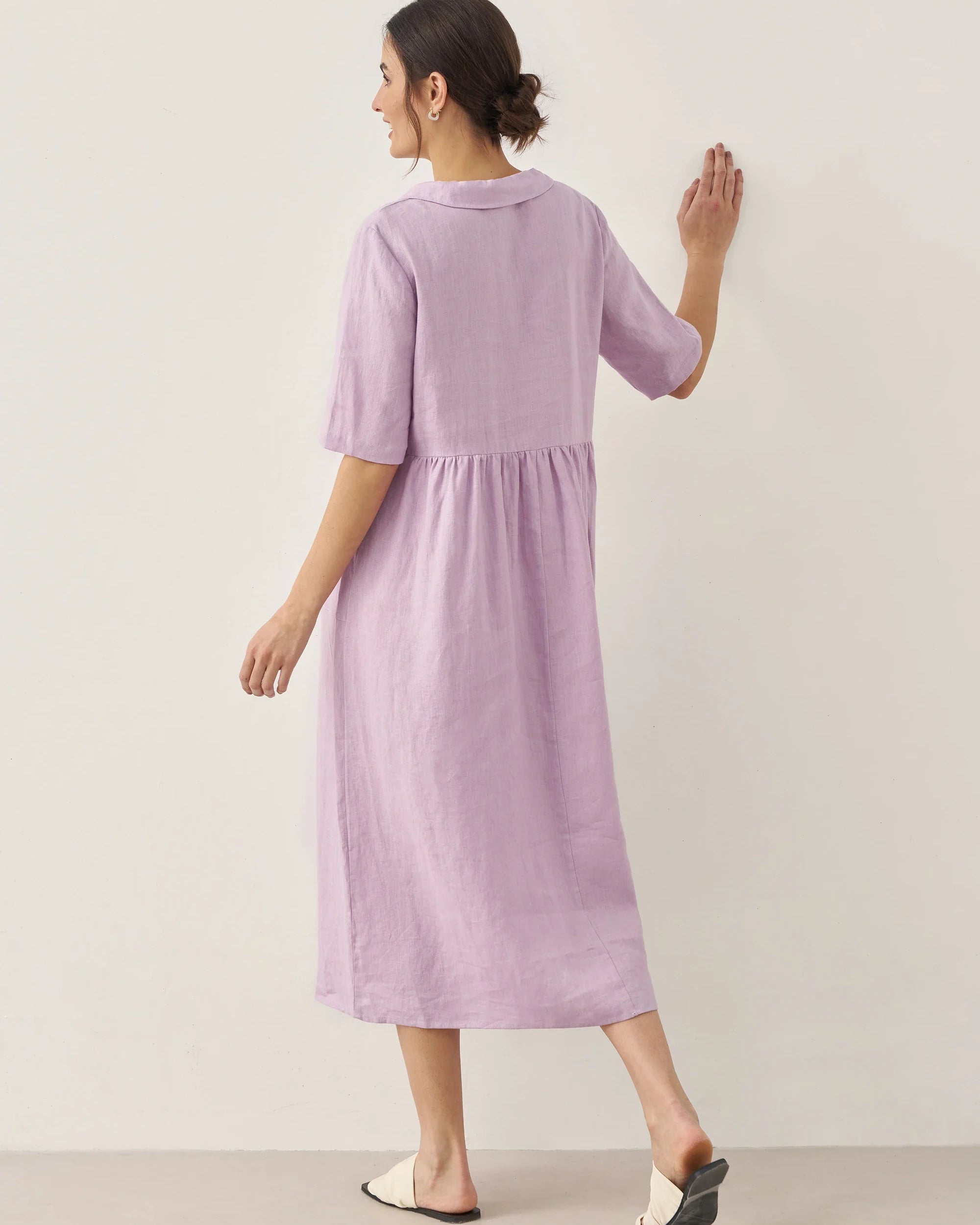 100% Linen Shawl V-Neck Pleated Maxi Dress - DRESSES-Linen