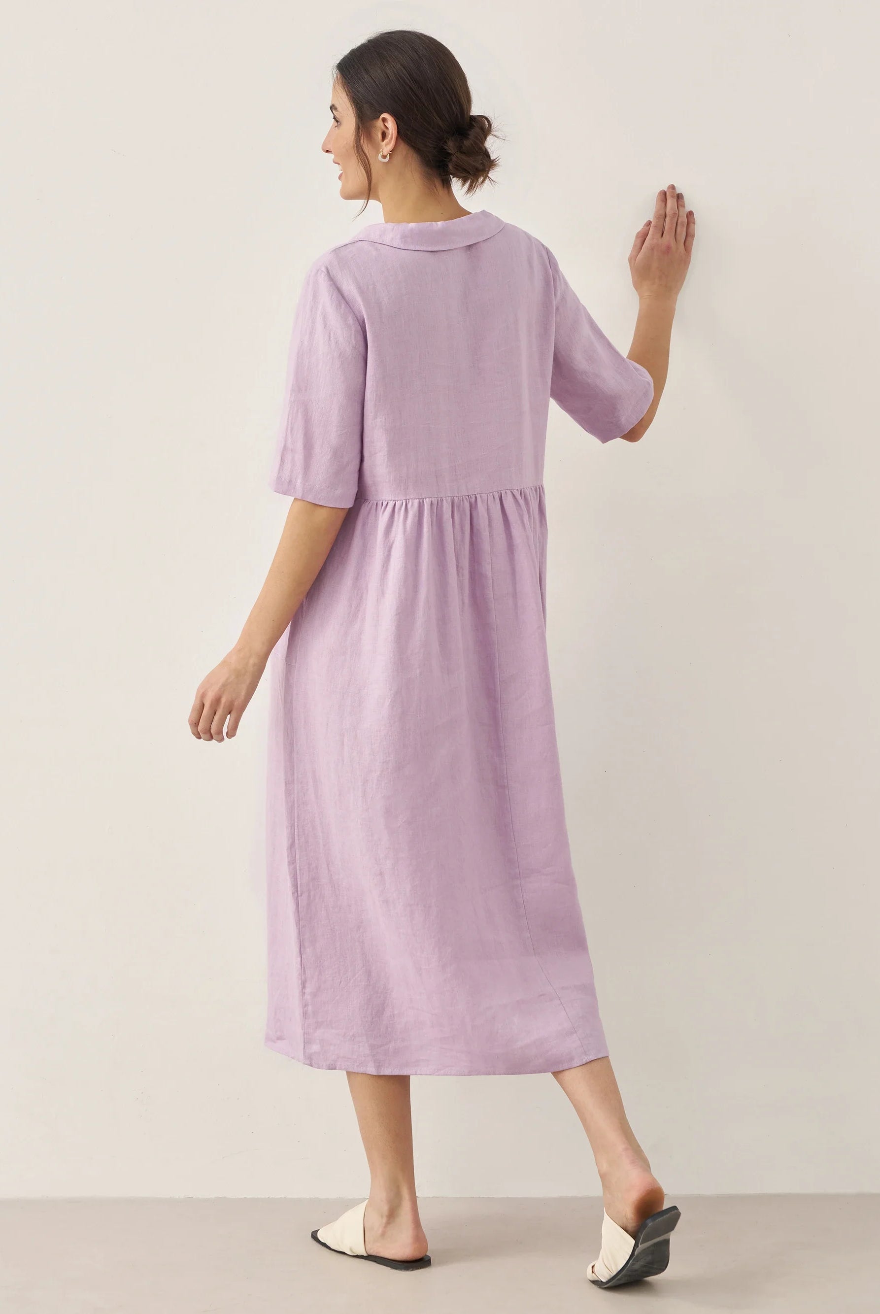 100% Linen Shawl V-Neck Pleated Maxi Dress - DRESSES-Linen