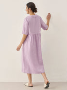 100% Linen Shawl V-Neck Pleated Maxi Dress - DRESSES-Linen