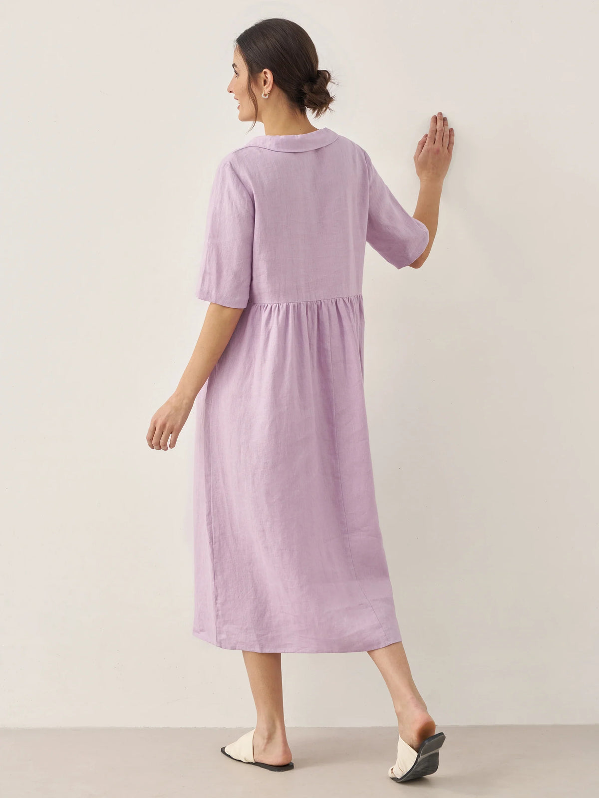 100% Linen Shawl V-Neck Pleated Maxi Dress - DRESSES-Linen