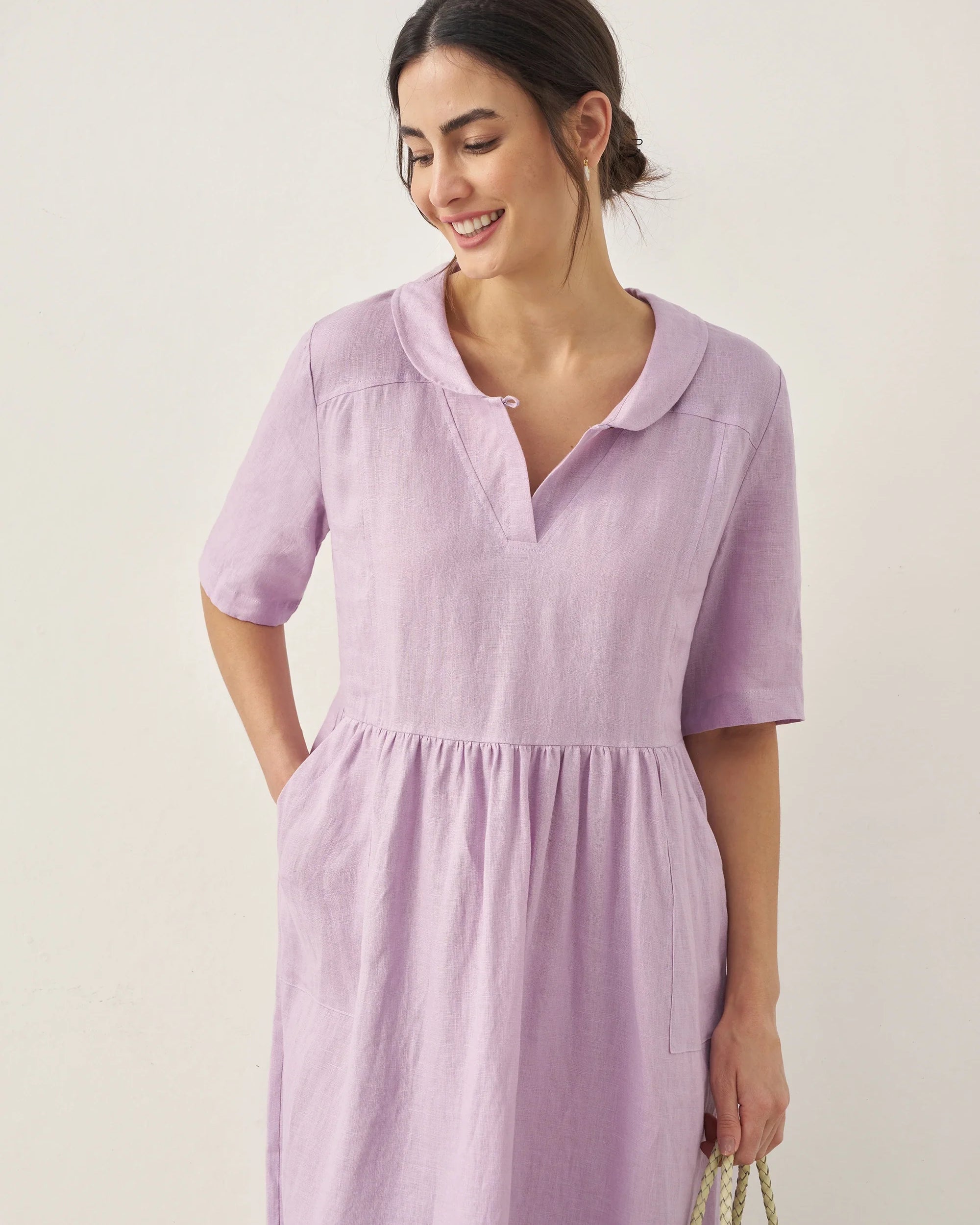 100% Linen Shawl V-Neck Pleated Maxi Dress - DRESSES-Linen