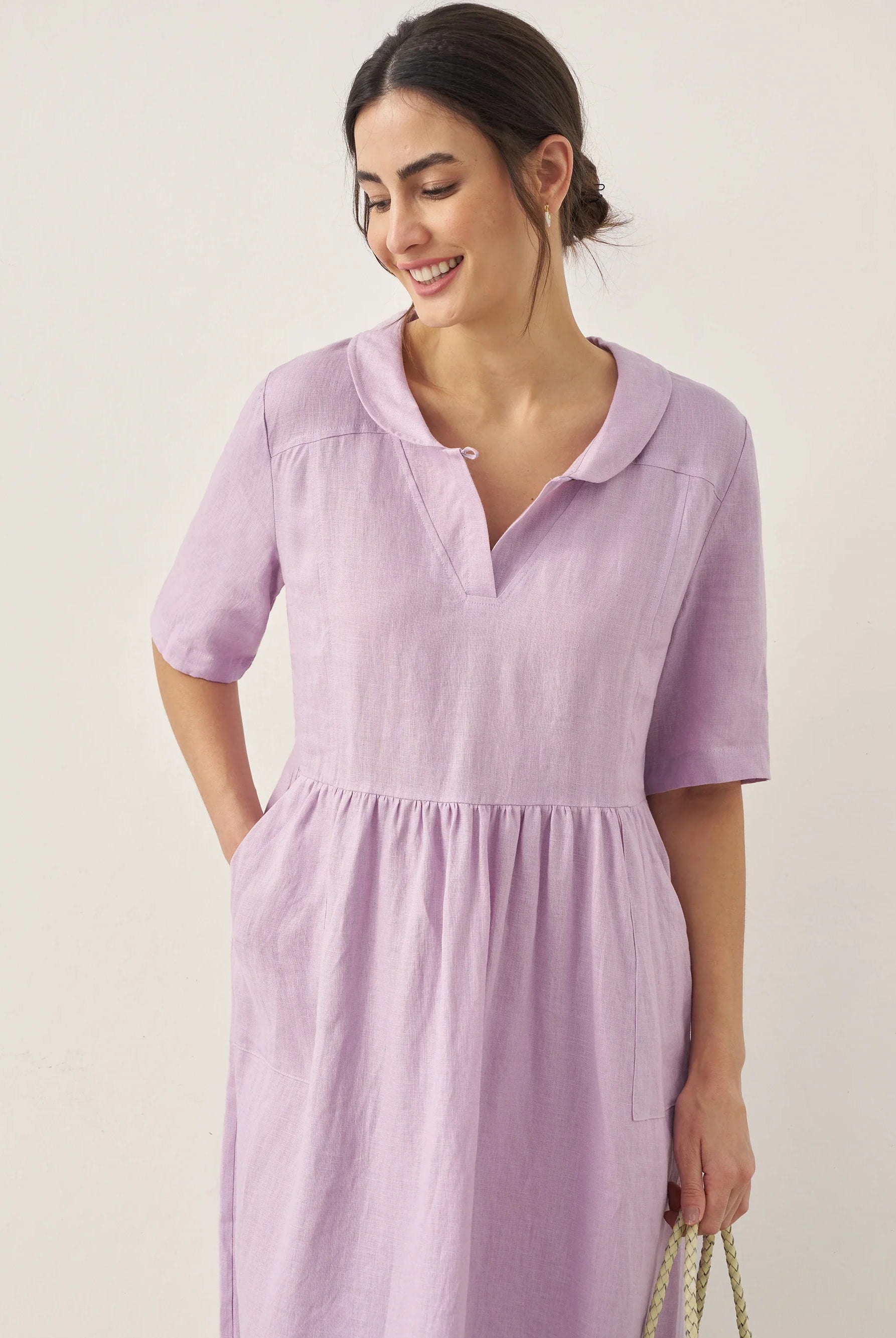 100% Linen Shawl V-Neck Pleated Maxi Dress - DRESSES-Linen